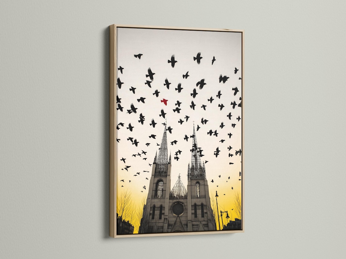 Gothic cathedral with silhouetted birds in flight above a warm ochre sunset sky detail view