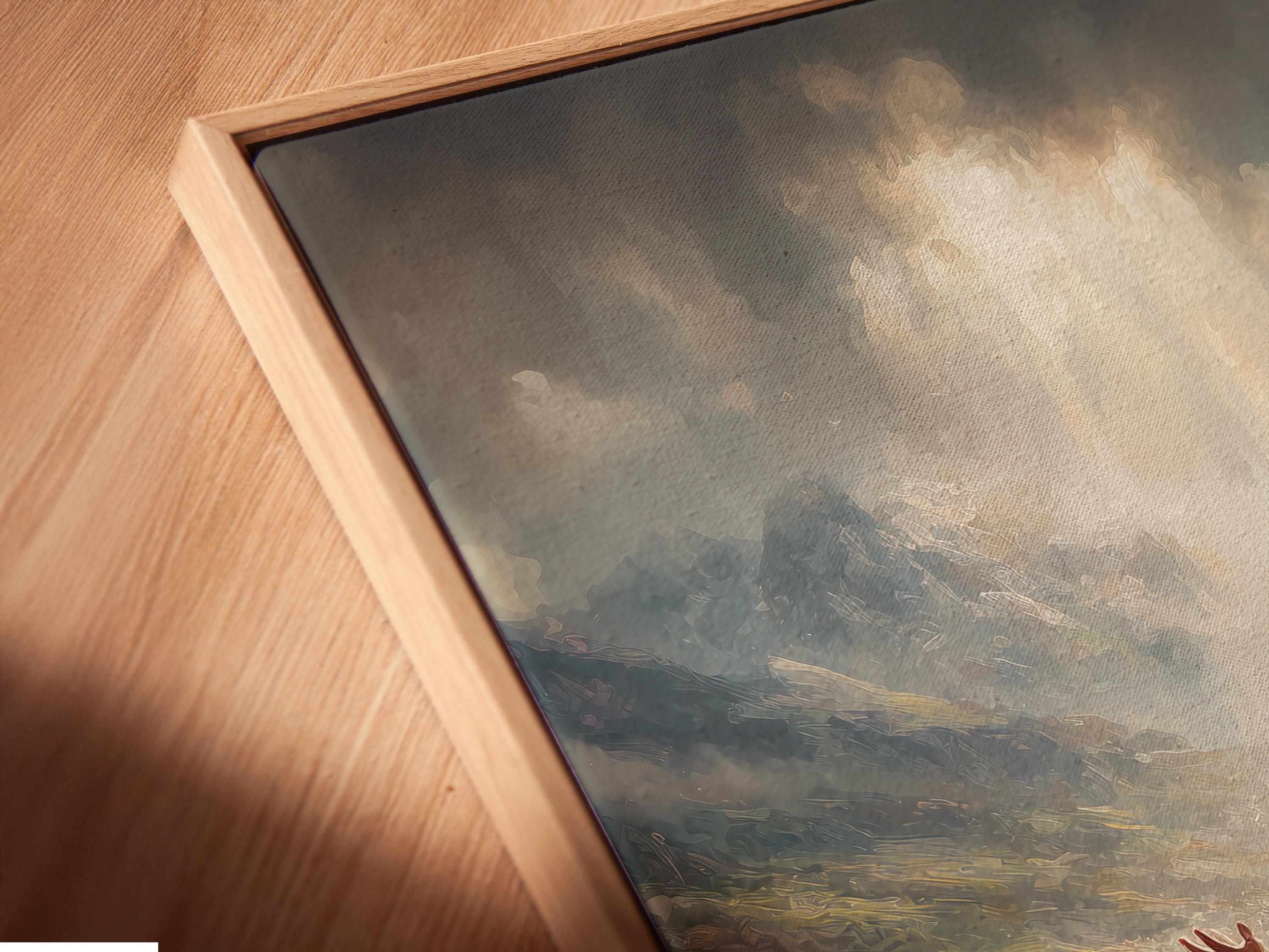 A robed figure with raised arms stands in a crowd beneath glowing light in a misty mountain landscape detail view