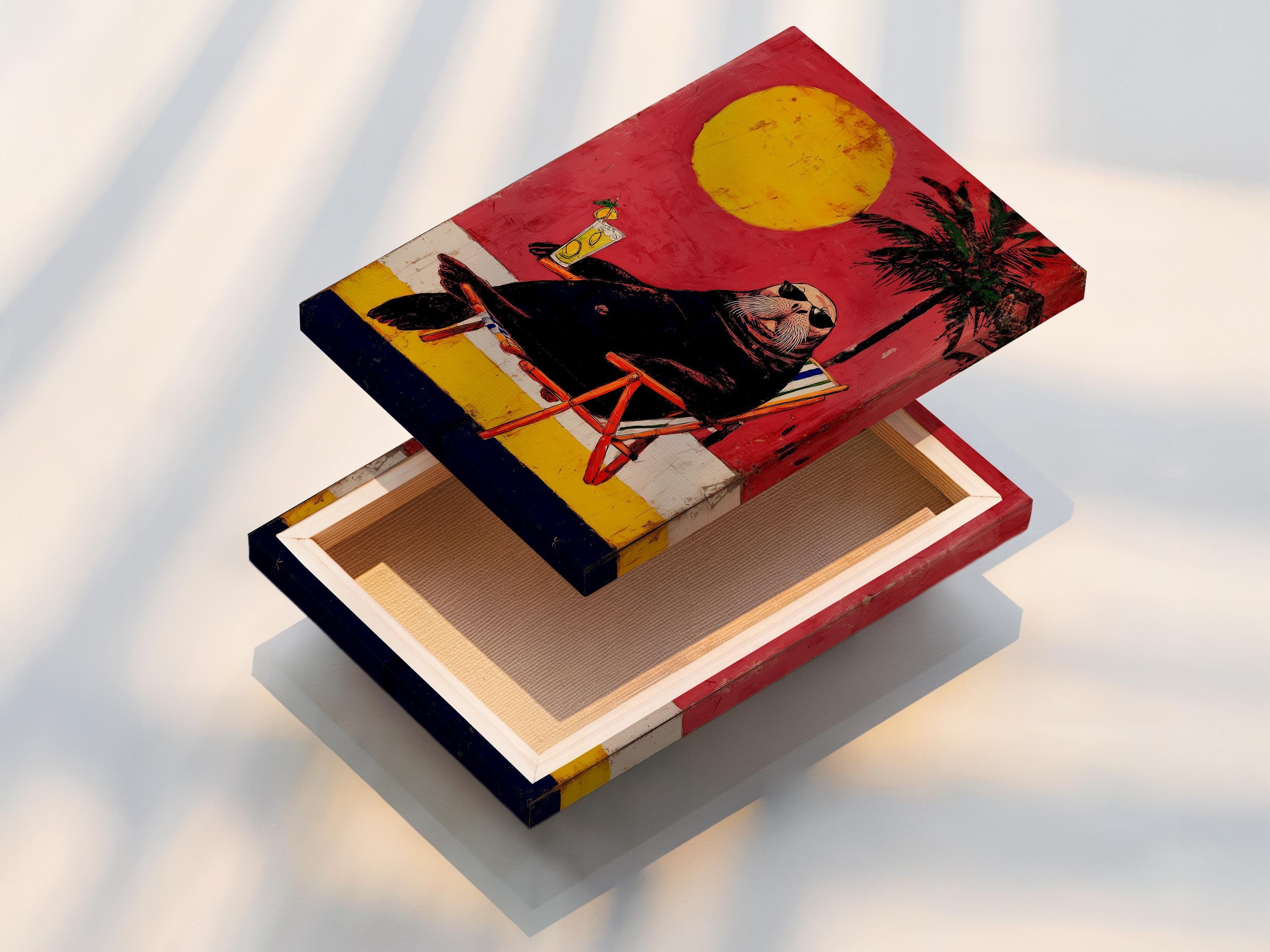 Retro seal with sunglasses holding a cocktail beside a striped beach chair, with yellow sun and palm tree on a pink background detail view