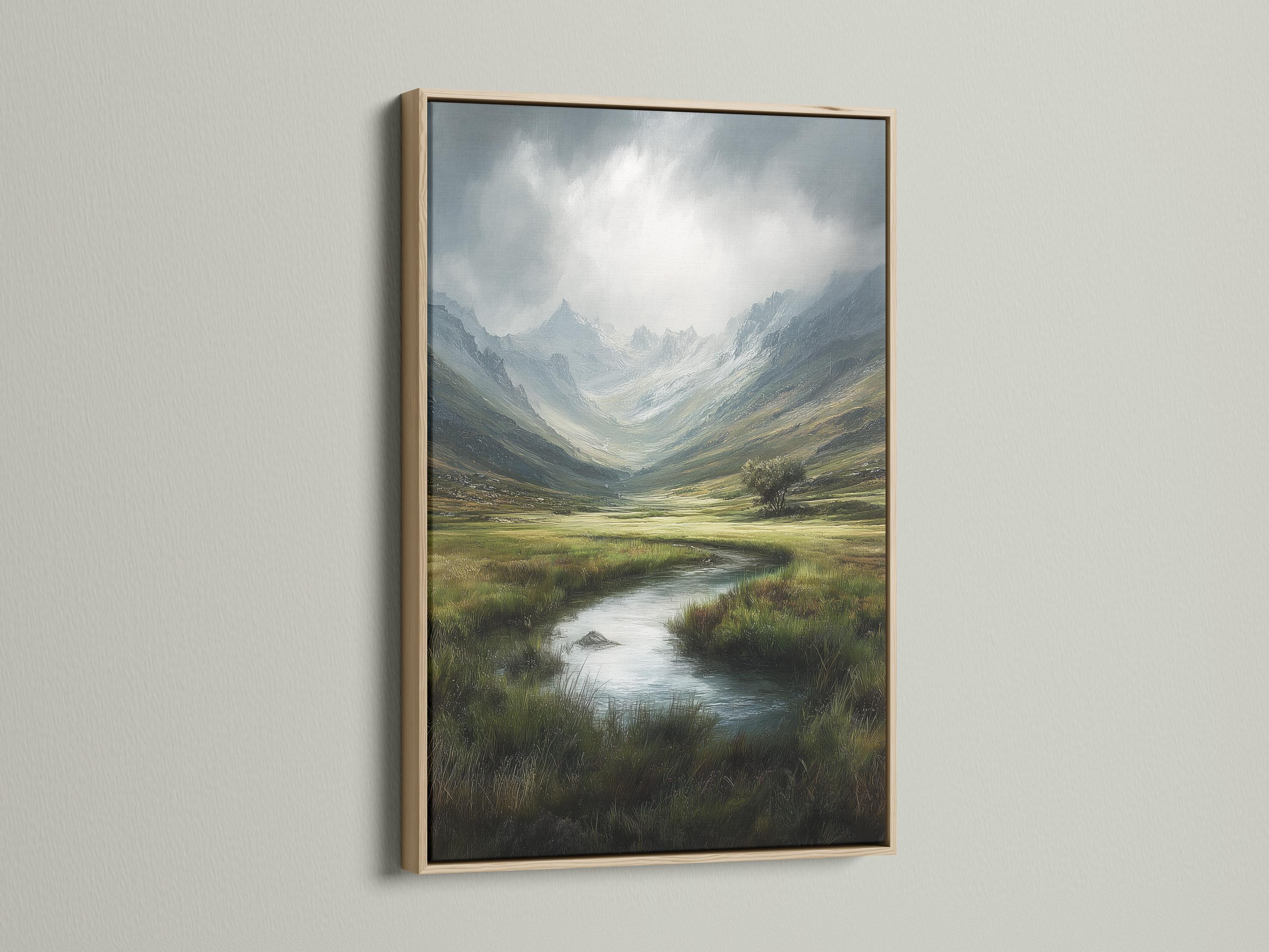 Room mockup showing framed mountain valley landscape artwork