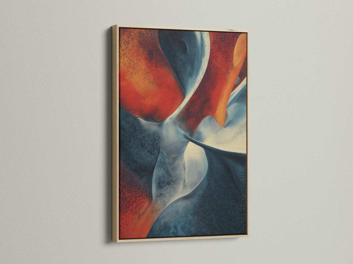 Abstract fluid artwork with terracotta and navy blue curved ribbons and pale cream highlights detail view