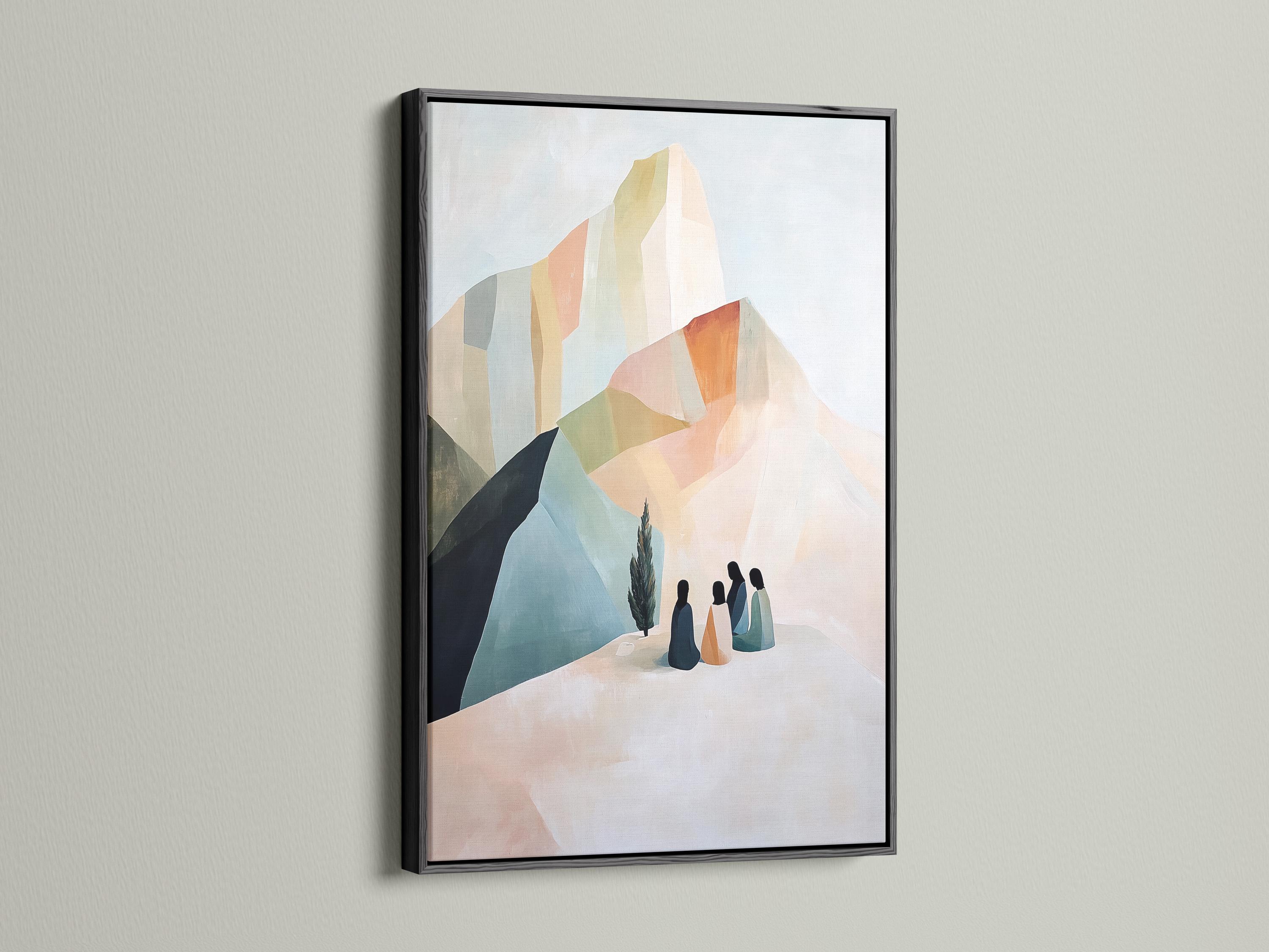 A pastel geometric mountain scene features layered cliffs and soft slopes with four silhouetted figures gathered in the foreground detail view