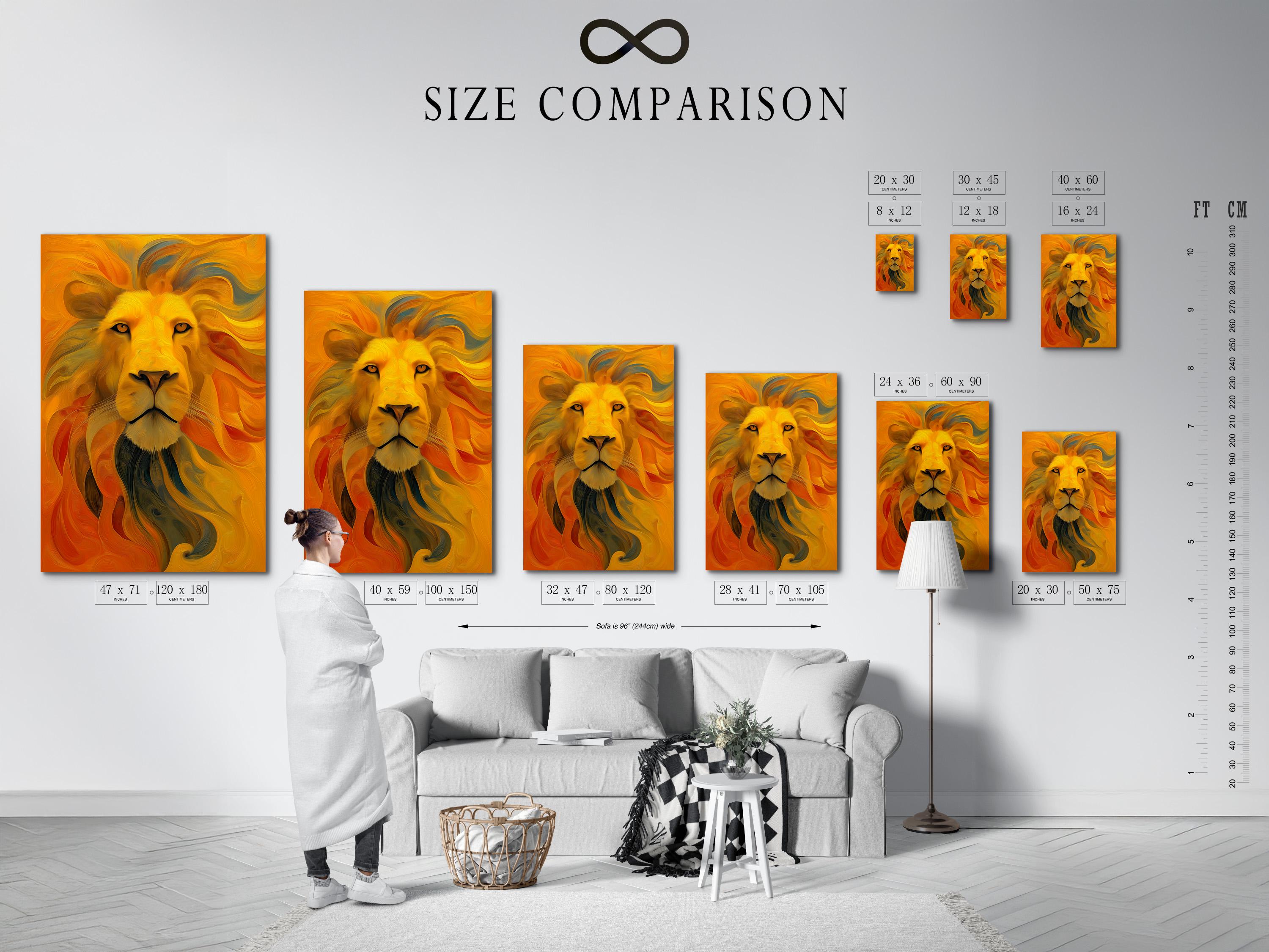 Stylised lion portrait with warm gold and orange swirls, teal tones, and dark eyes detail view