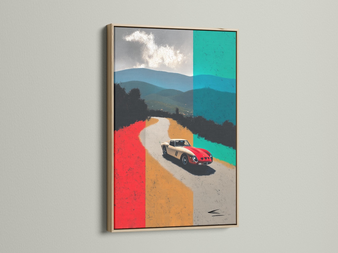 Classic sports car on a pale road with red and teal geometric background blocks detail view