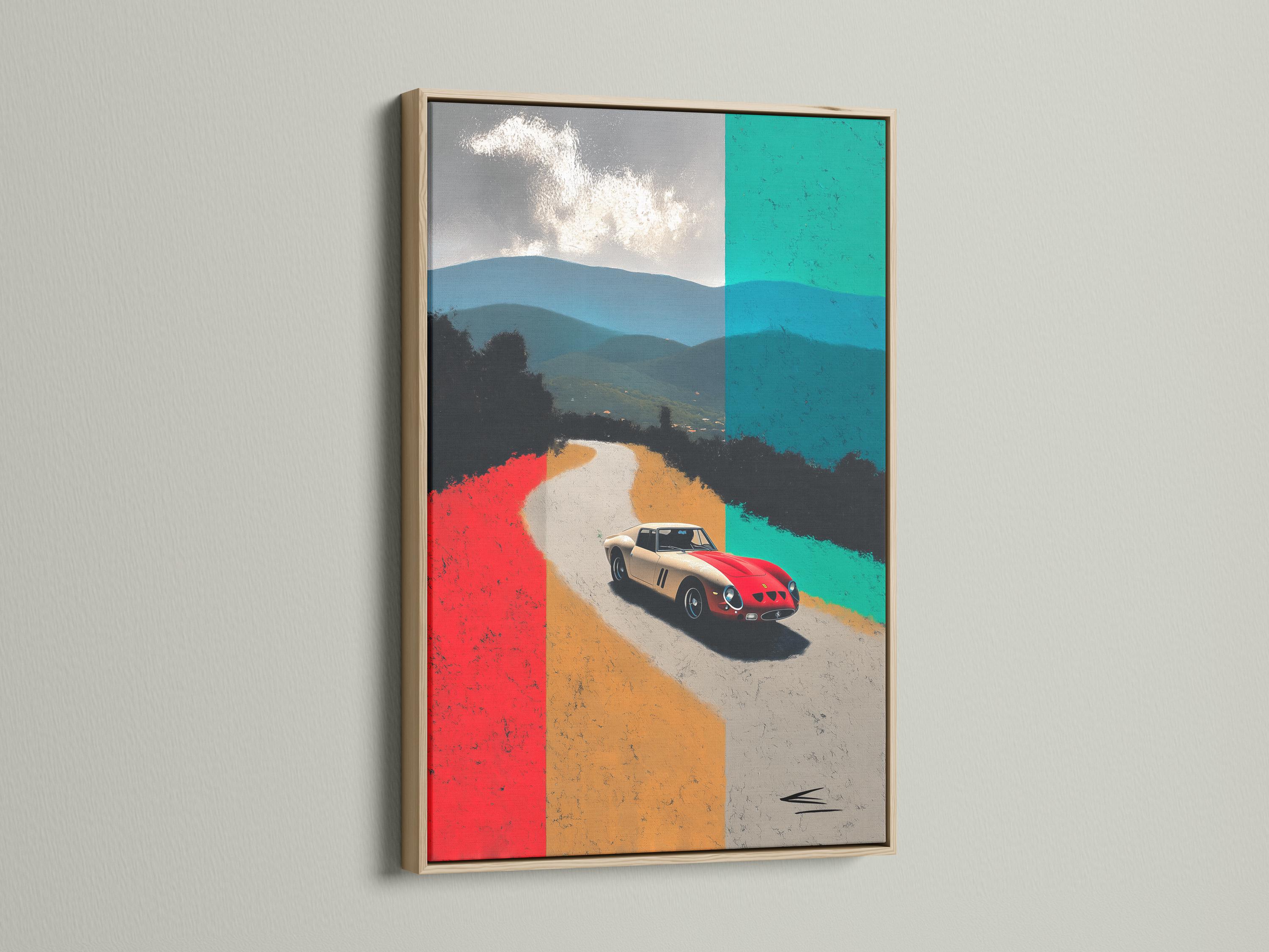 Classic sports car on a pale road with red and teal geometric background blocks detail view