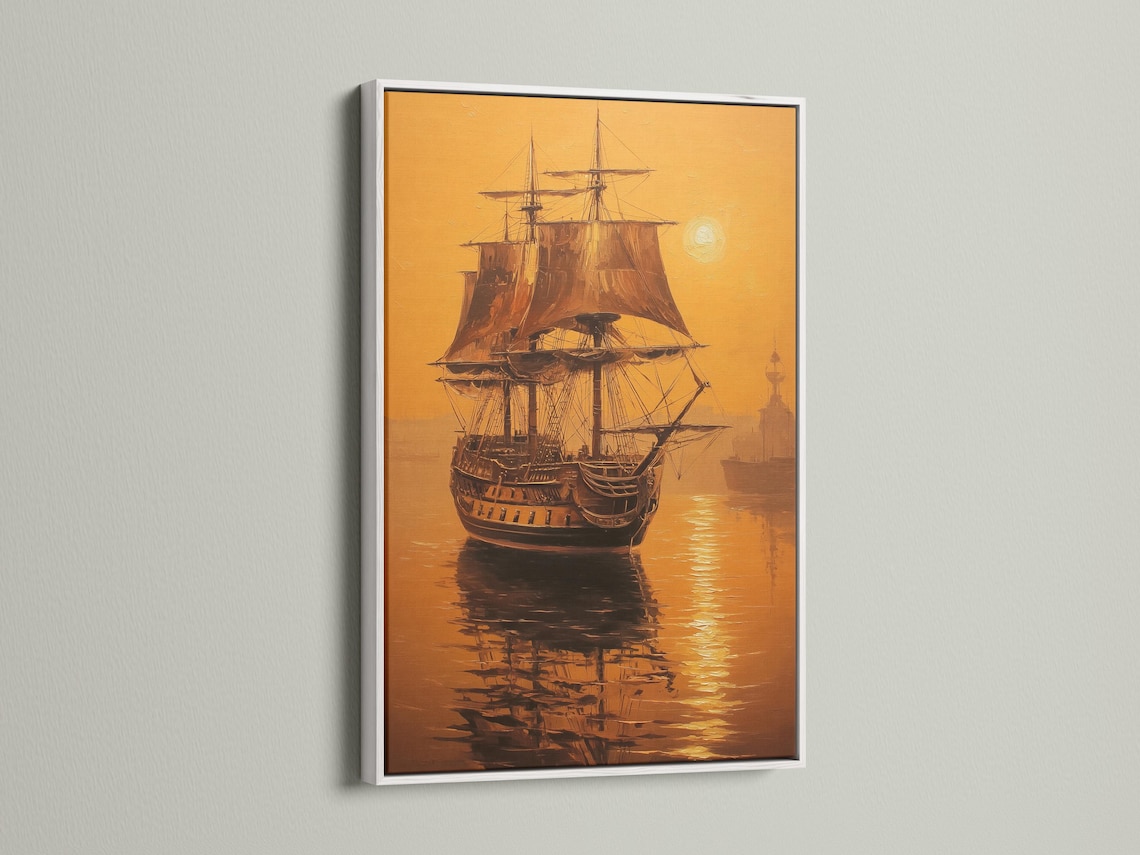 Sailing ship at sea in warm gold and brown tones with a bright pale disc and water reflections detail view