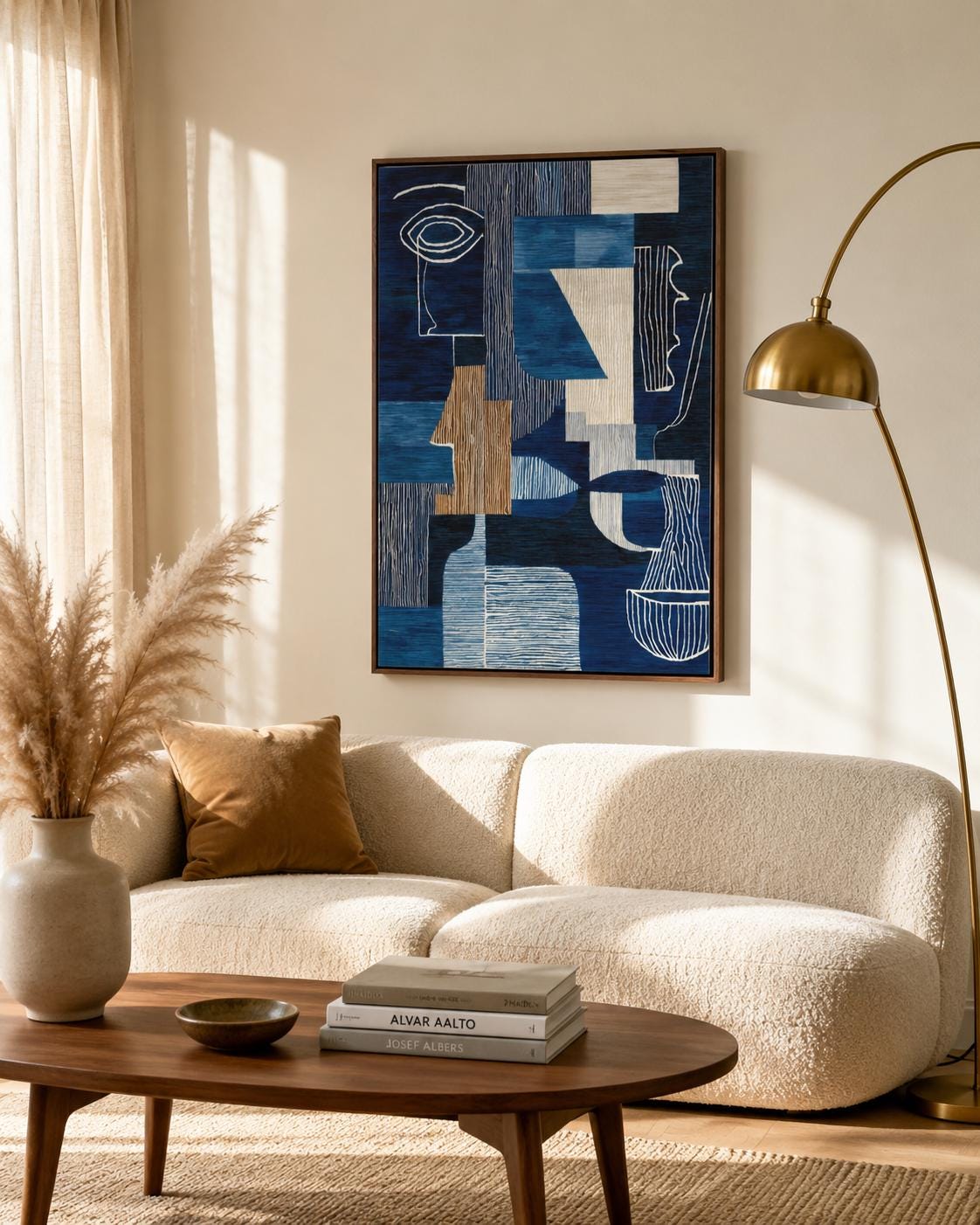 Woman holding a cup in a cafe-like space with a framed blue abstract face artwork on the wall