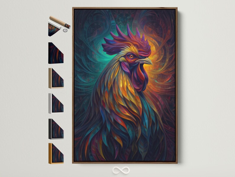 Stylised rooster artwork with vivid teal, orange, purple and yellow feather strokes