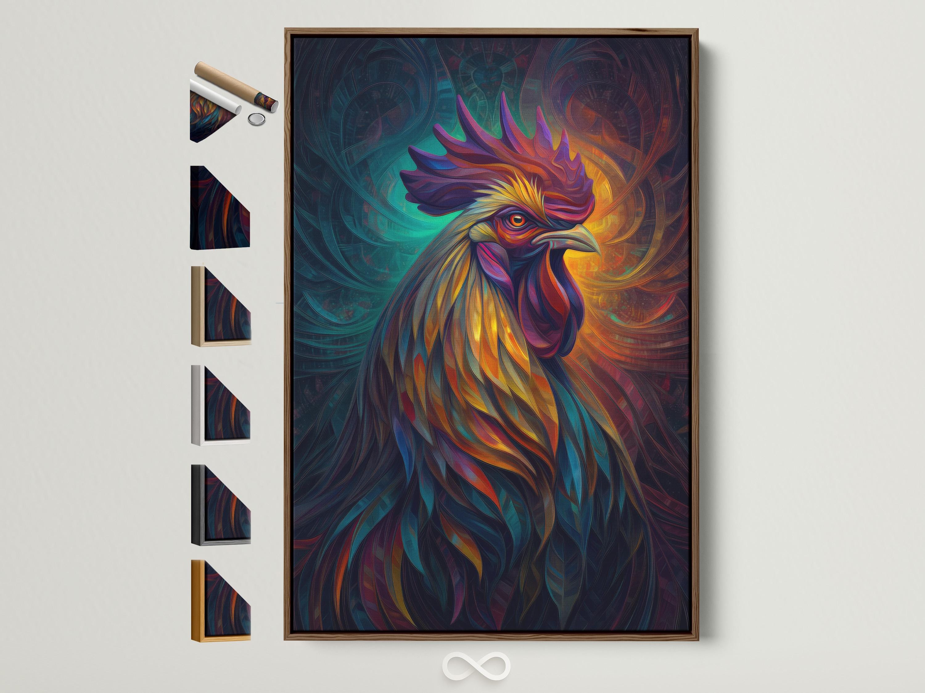 Stylised rooster artwork with vivid teal, orange, purple and yellow feather strokes