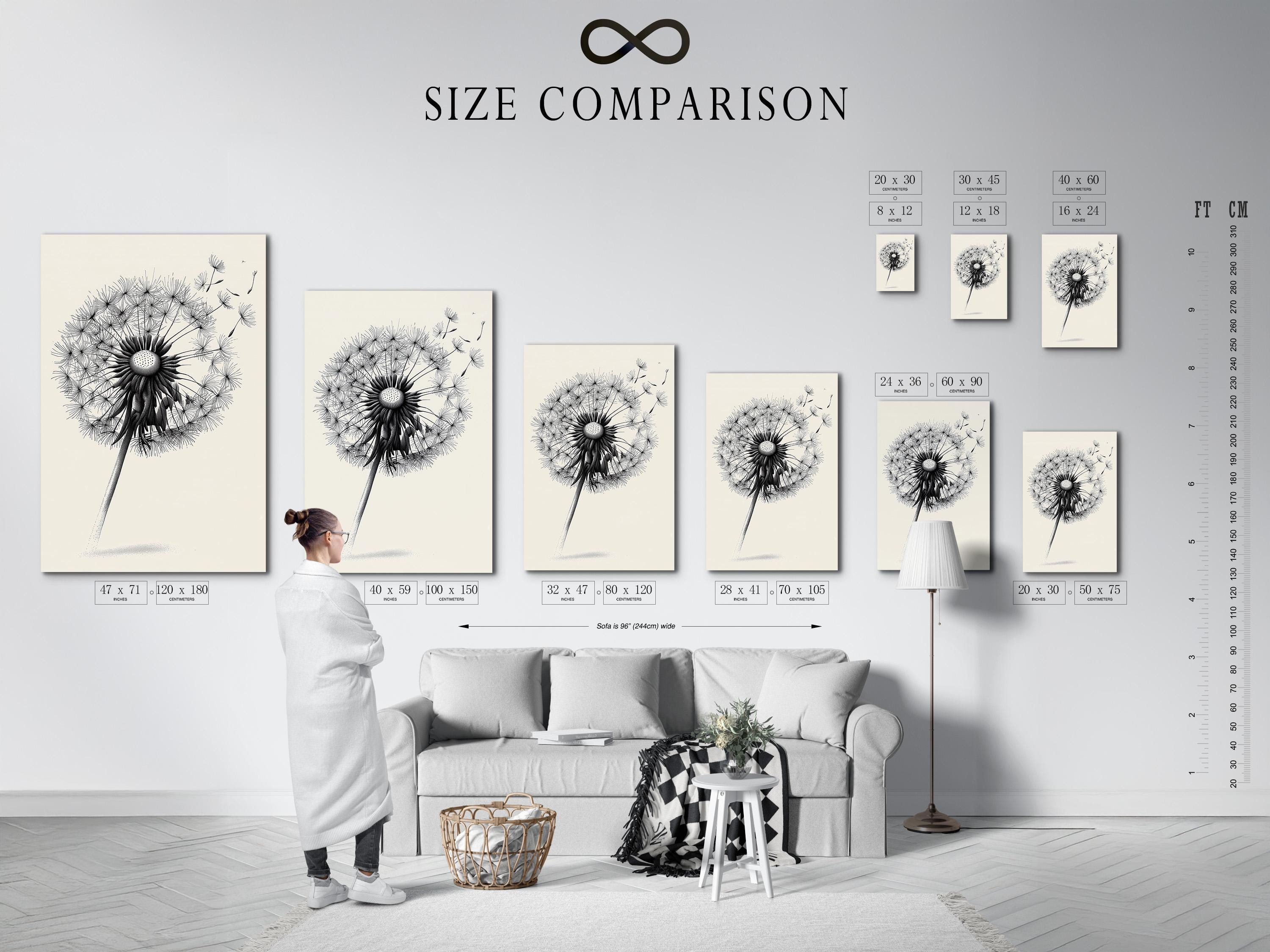 Minimalist black and white dandelion line illustration on a light background detail view