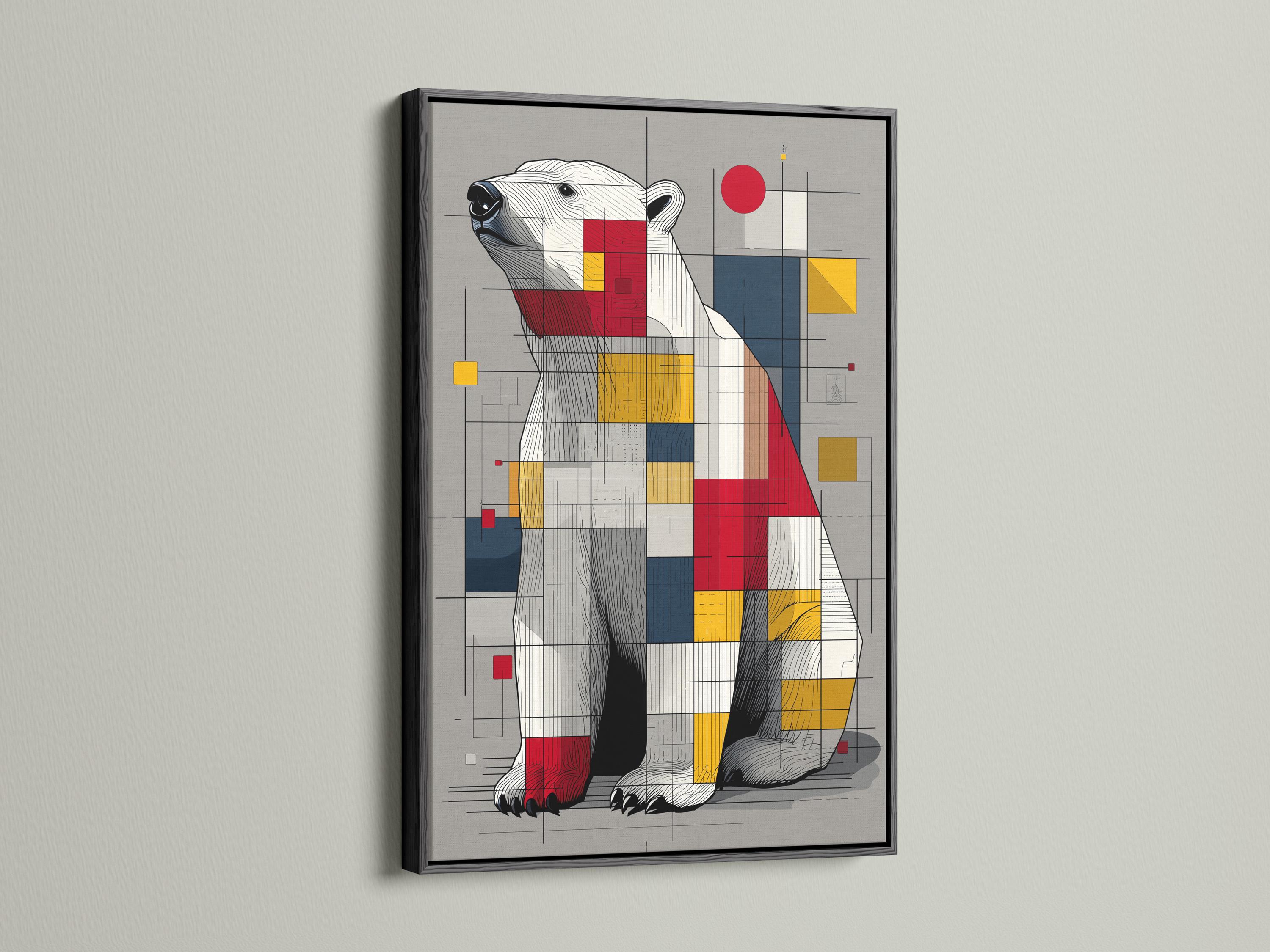 Room mockup showing framed geometric polar bear artwork on a wall