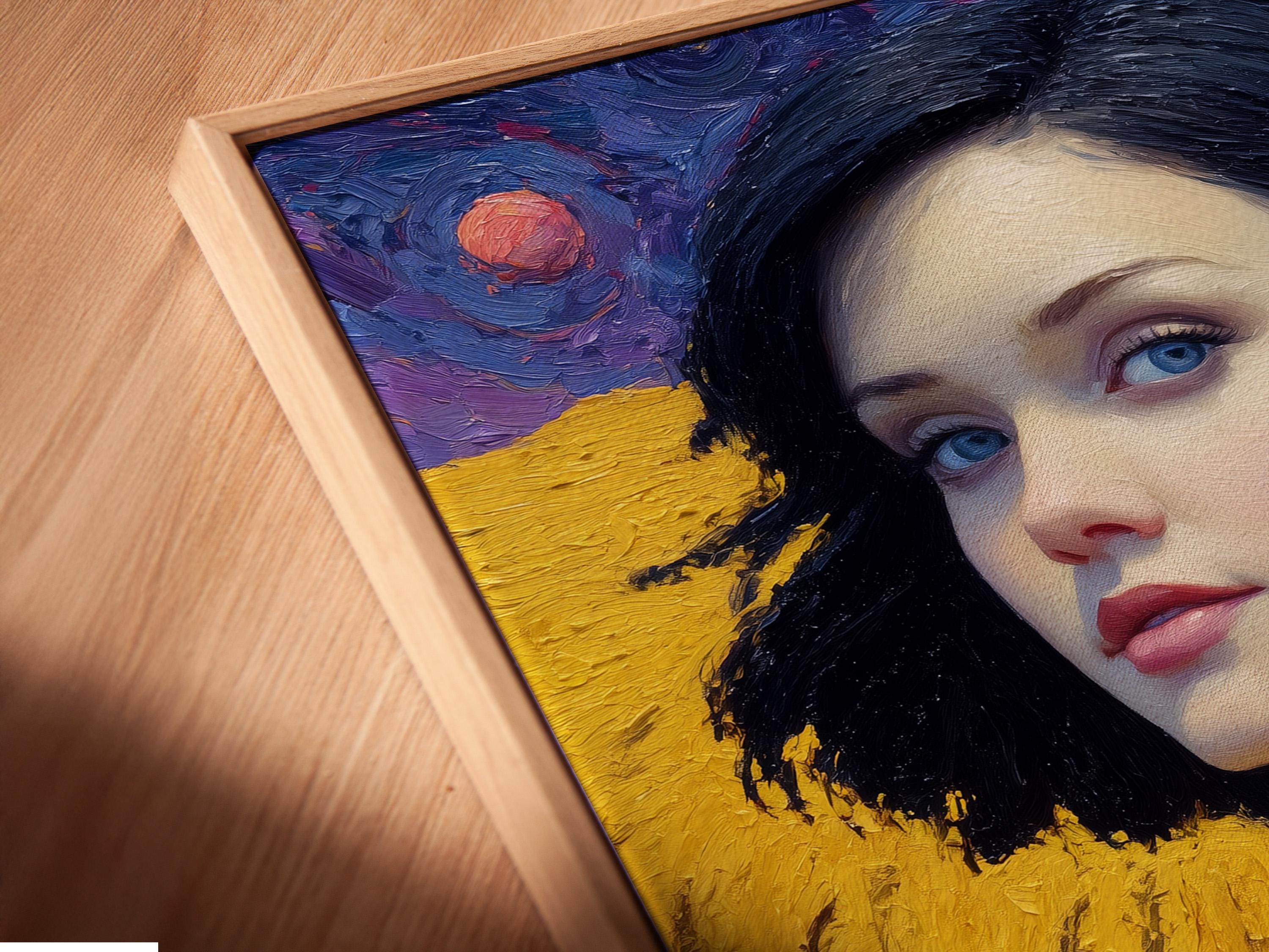 Stylised portrait of a woman with blue eyes in warm gold tones against a swirling purple starry sky detail view
