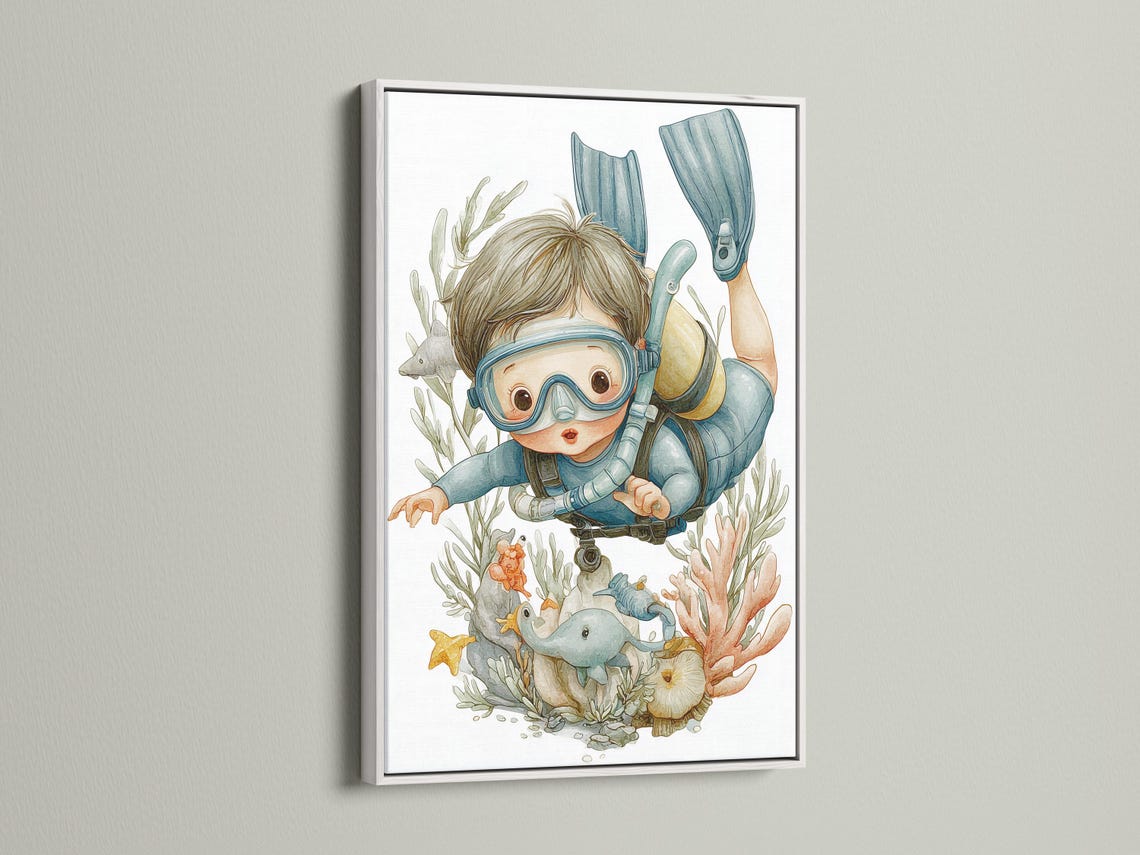 Illustrated child diver underwater scene with seaweed, fish and starfish detail view