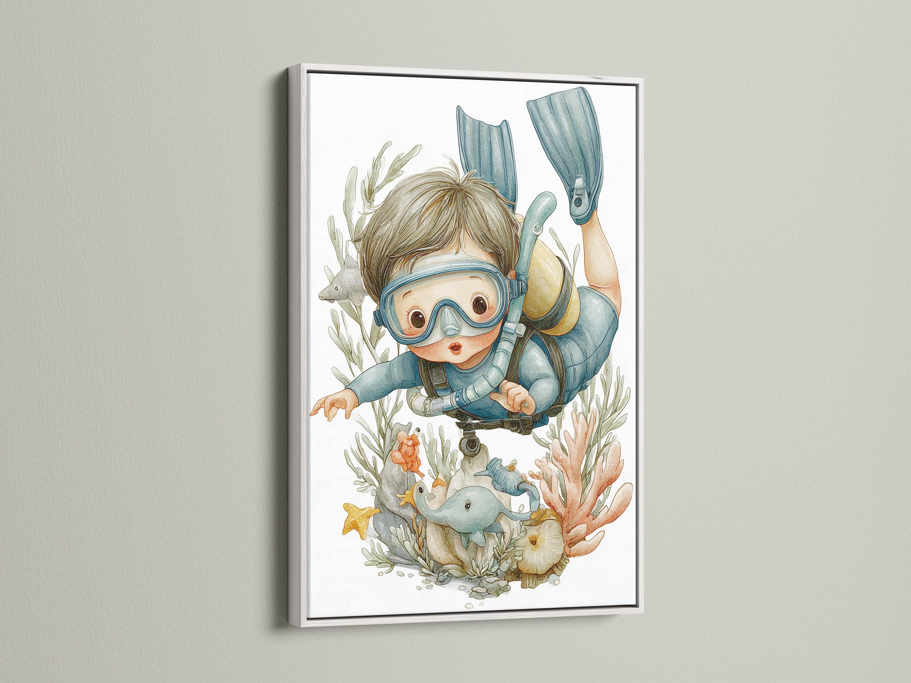 Illustrated child diver underwater scene with seaweed, fish and starfish detail view