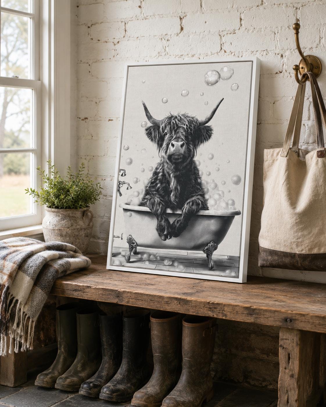 Woman holding a mug standing beside a framed monochrome highland cow bathtub artwork