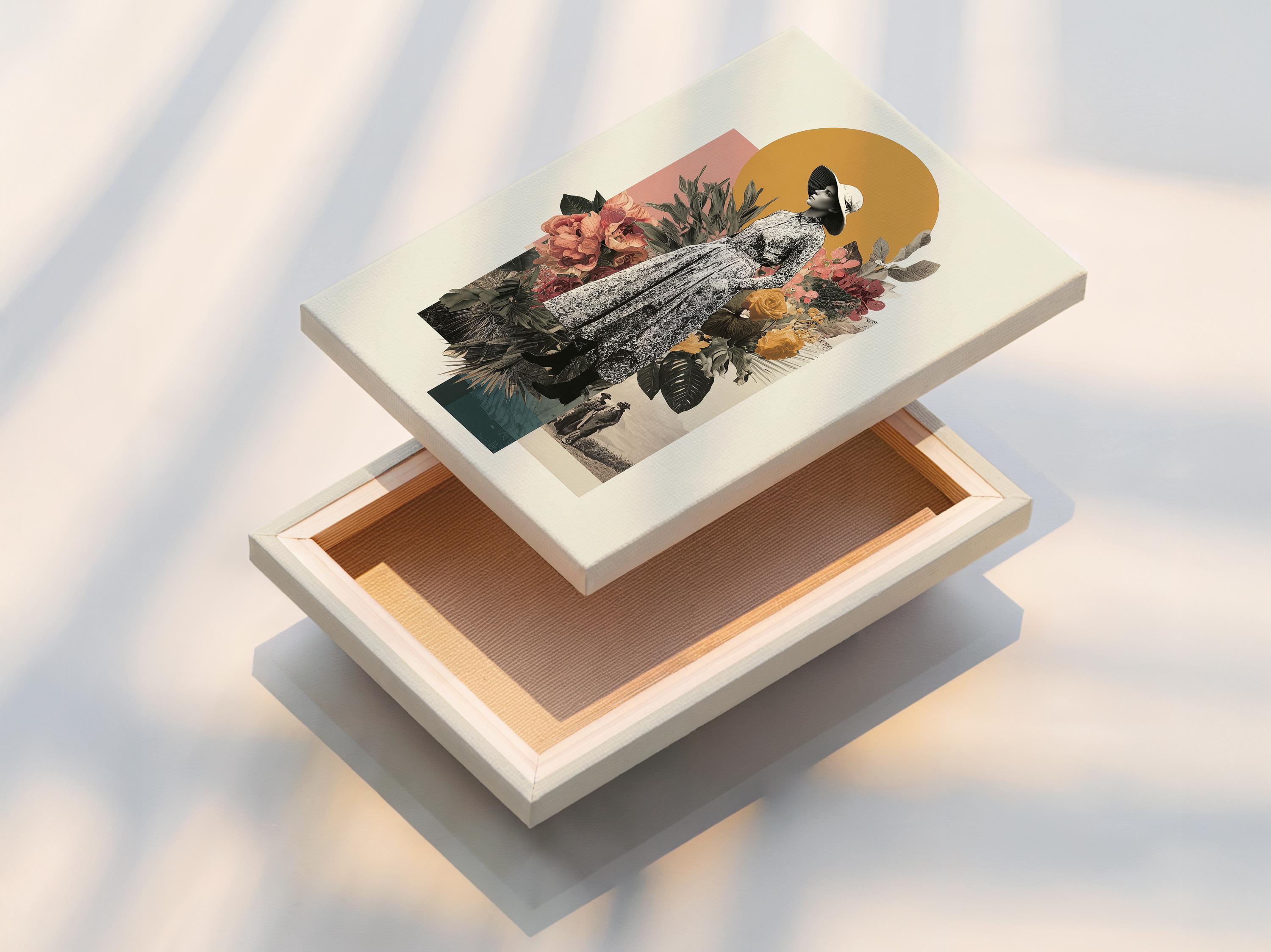Vintage collage of a woman in a hat with tropical leaves and flowers against an ochre sun disc detail view