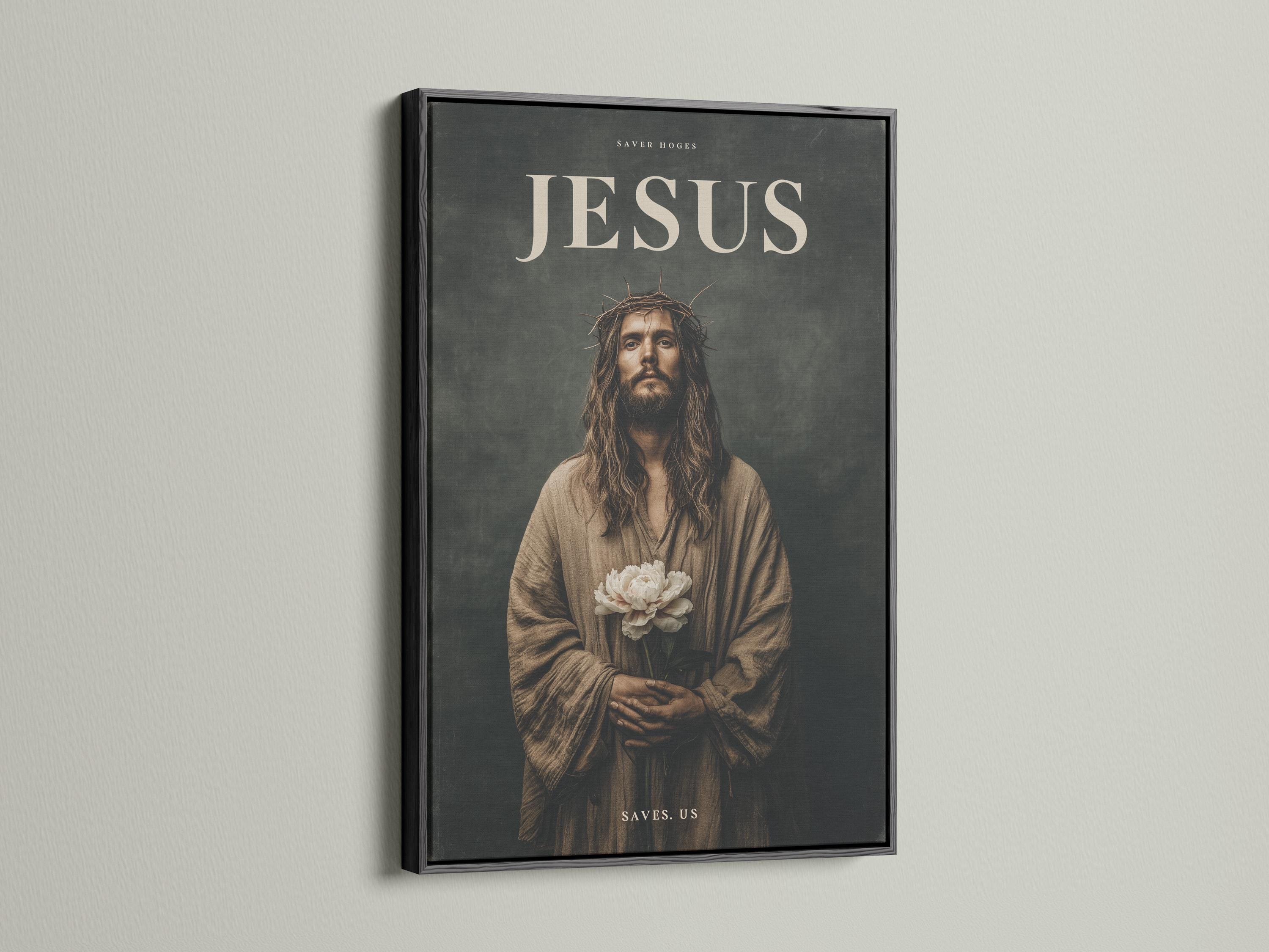 Jesus portrait with crown of thorns holding white flowers and gold text detail view