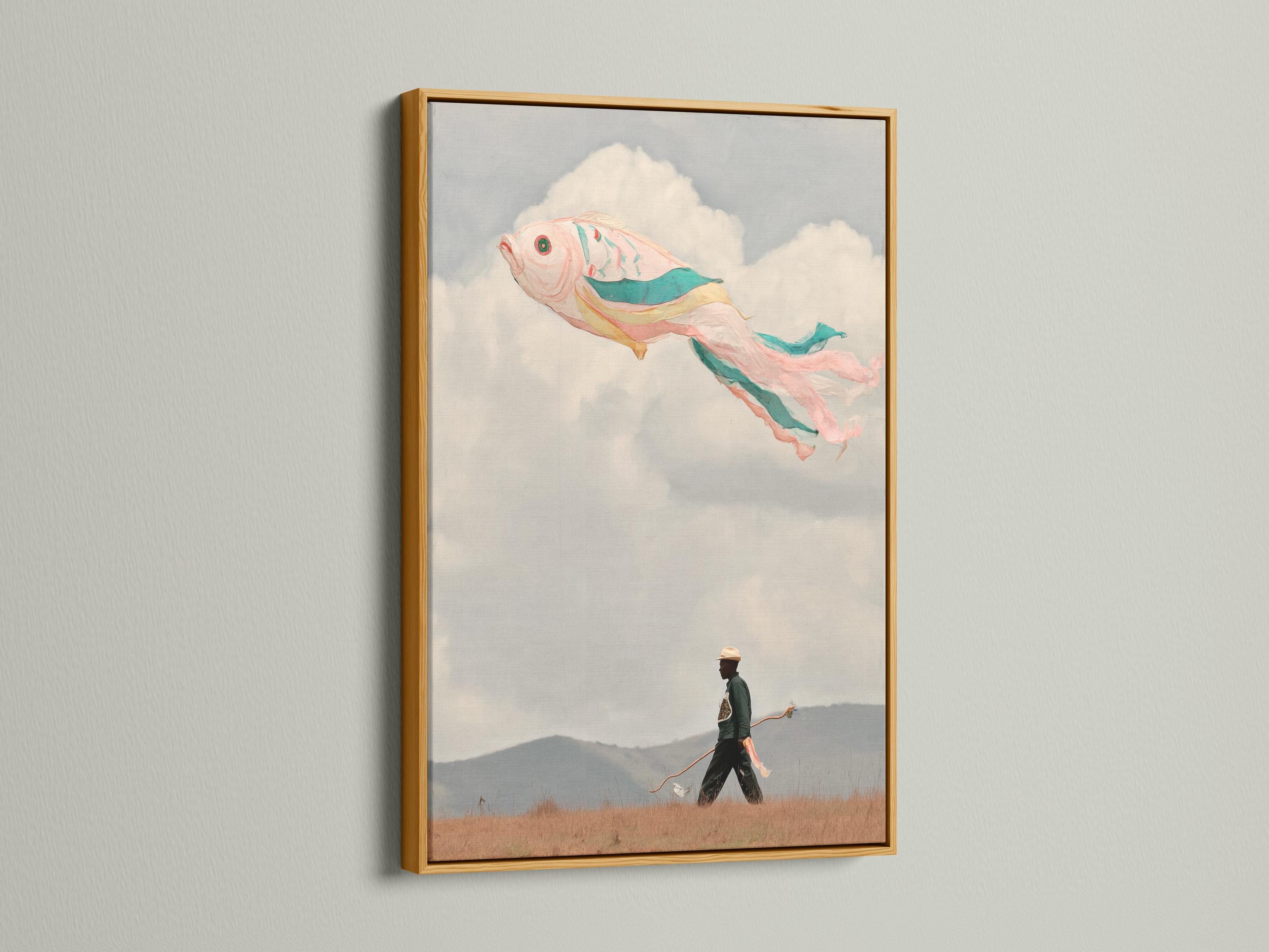 Mockup of a framed artwork showing a surreal flying fish in the sky
