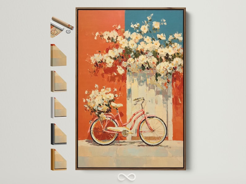Vintage red bicycle with white blossoms on a coral and teal painterly background