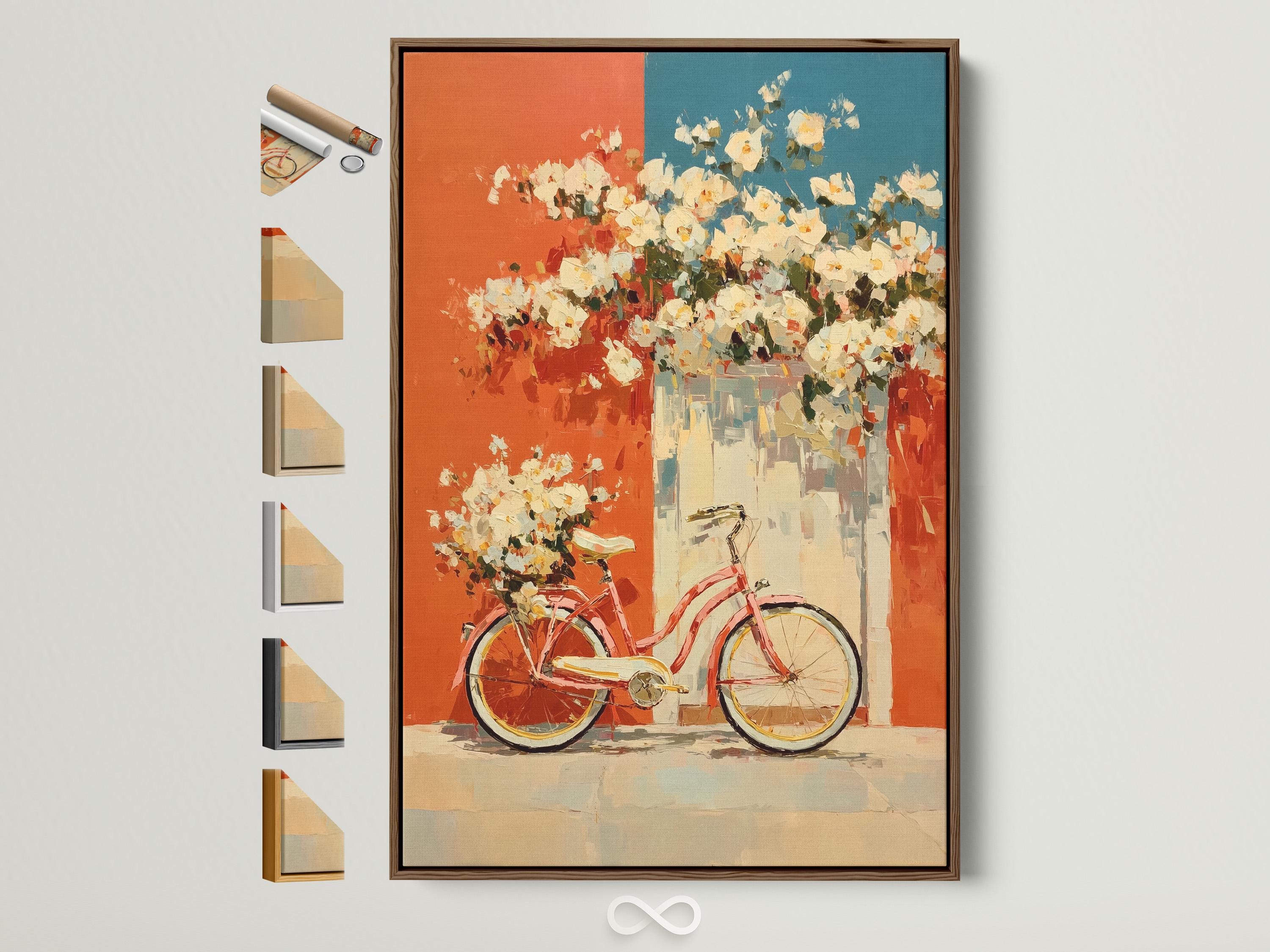 Vintage Bicycle Canvas Print - Floral Bike Wall Art, Coral & Teal