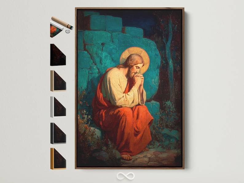 Painterly religious portrait of a kneeling praying figure with a glowing gold halo