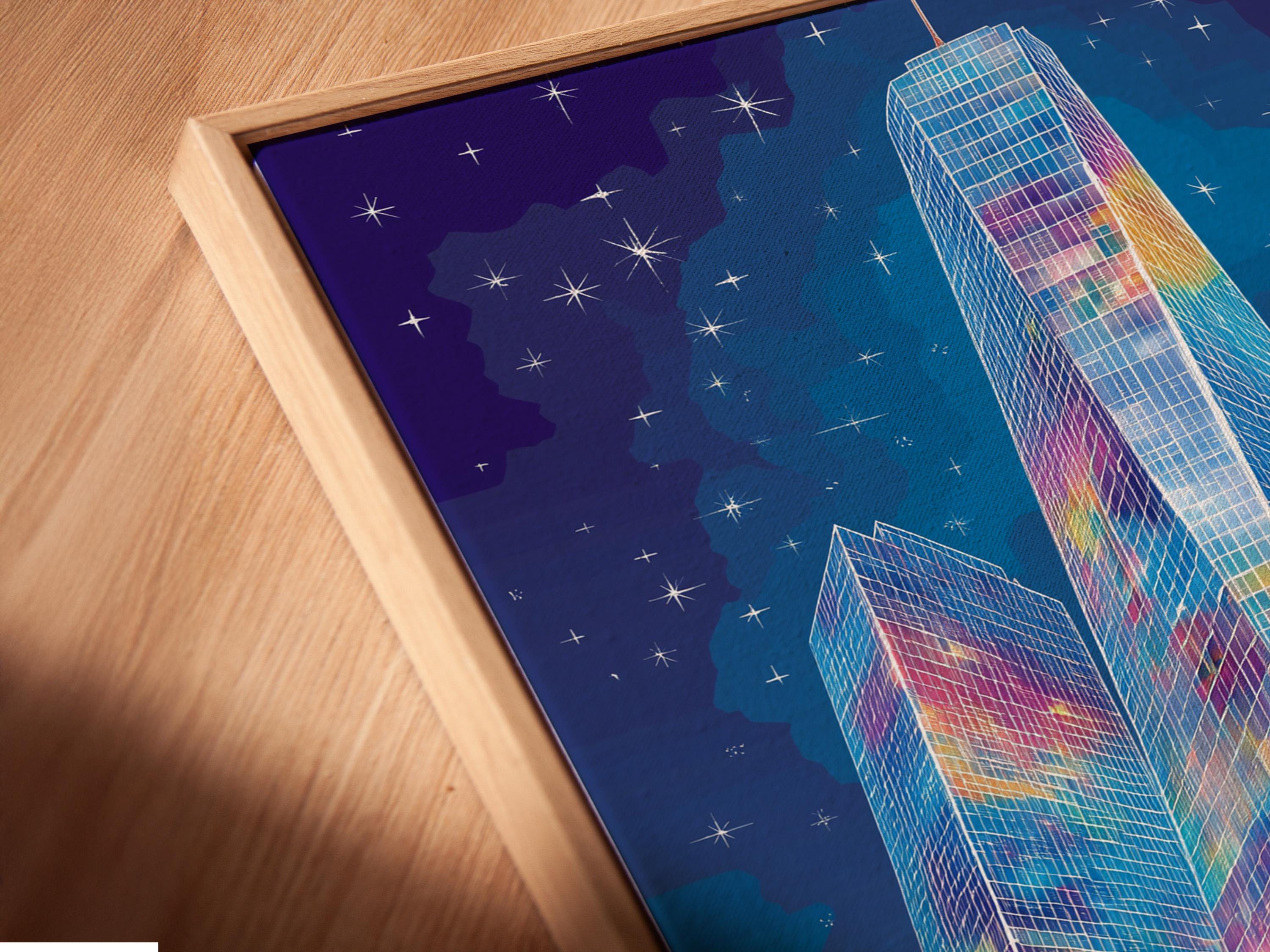 Mockup showing an artwork of a colourful abstract city skyline with skyscrapers and starry sky