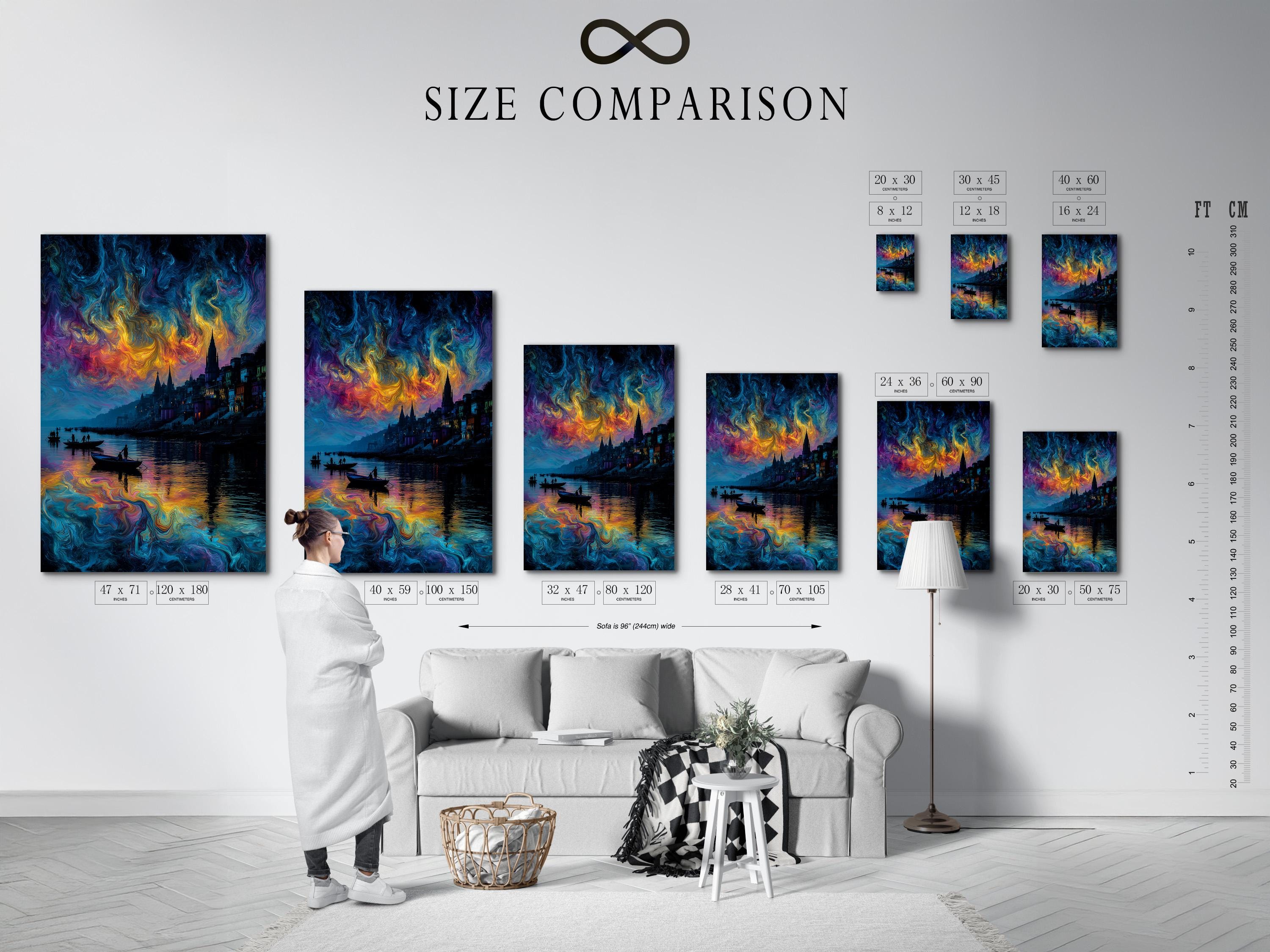 Swirling abstract city skyline with bright colours reflecting on the water and dark boats detail view