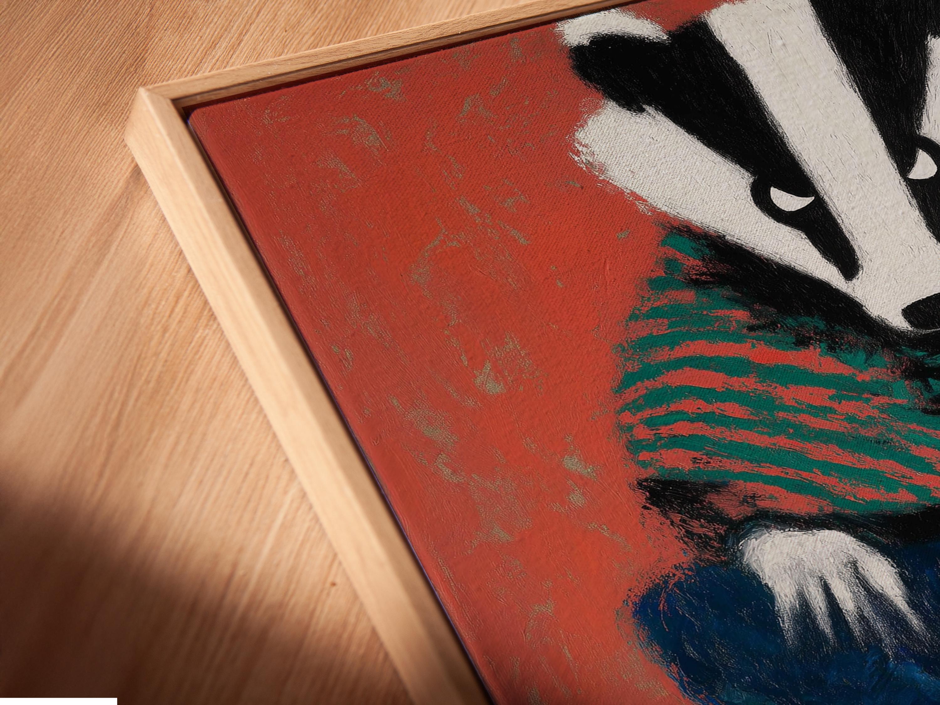 A stylised badger portrait fills the centre, with bold coral-red stripes and blue-and-yellow clothing-like shapes beneath a folk-art colour palette