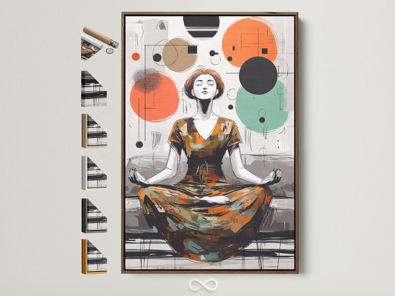 Framed artwork showing a woman meditating with floating geometric circles in orange, teal and charcoal
