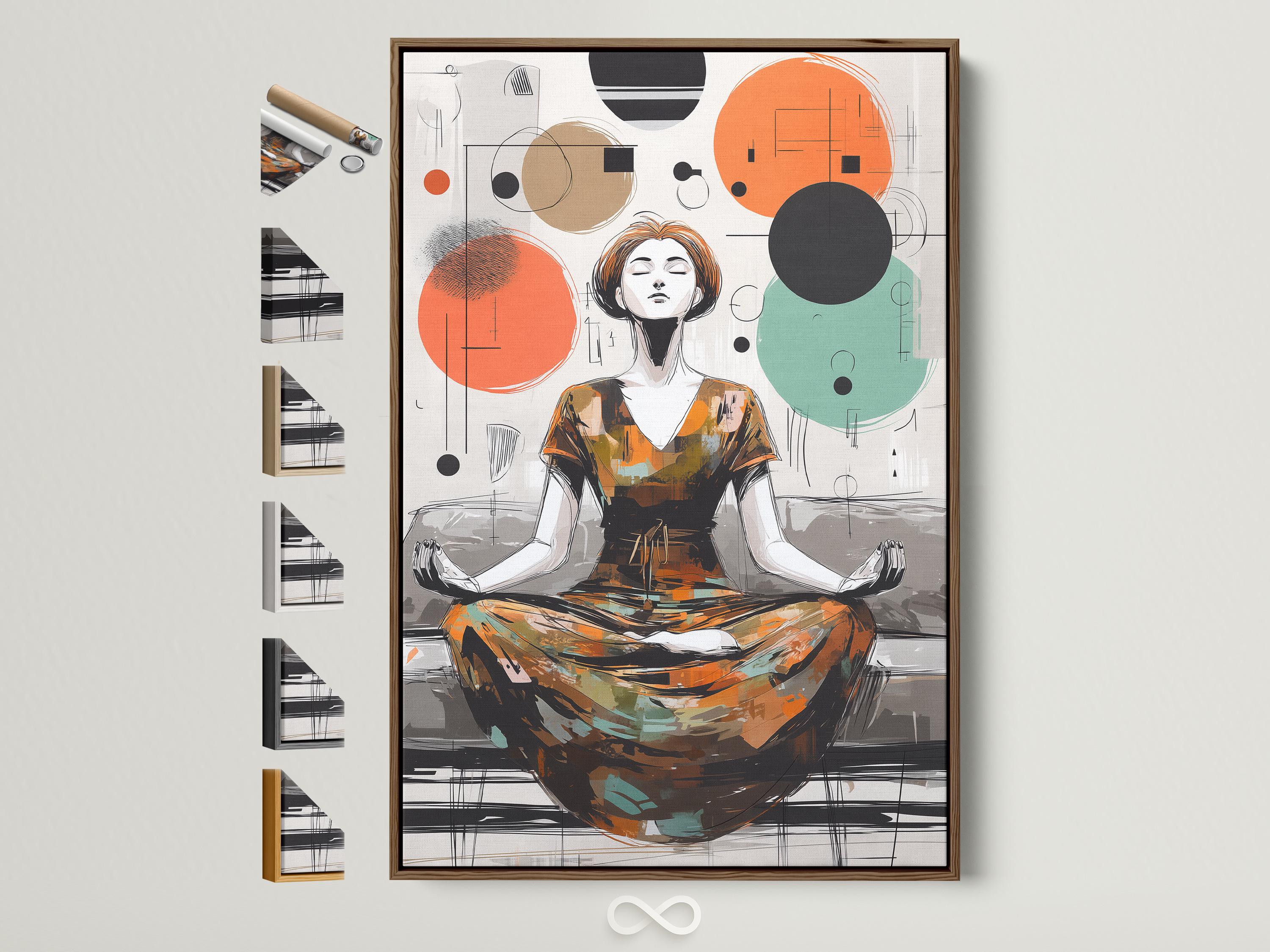 Framed artwork showing a woman meditating with floating geometric circles in orange, teal and charcoal