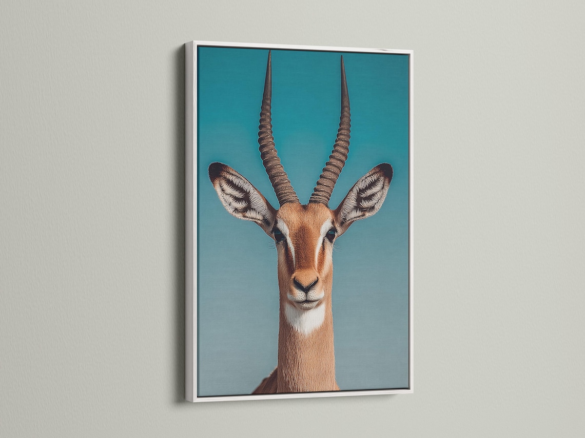 Teal gazelle artwork shown in a framed wall display mockup