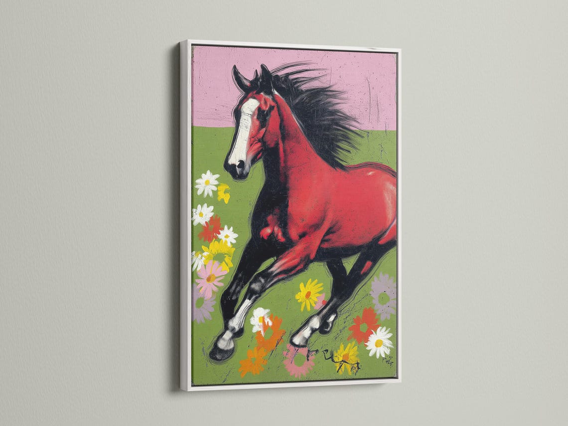 Running horse in red and black with a green meadow and colourful flowers detail view