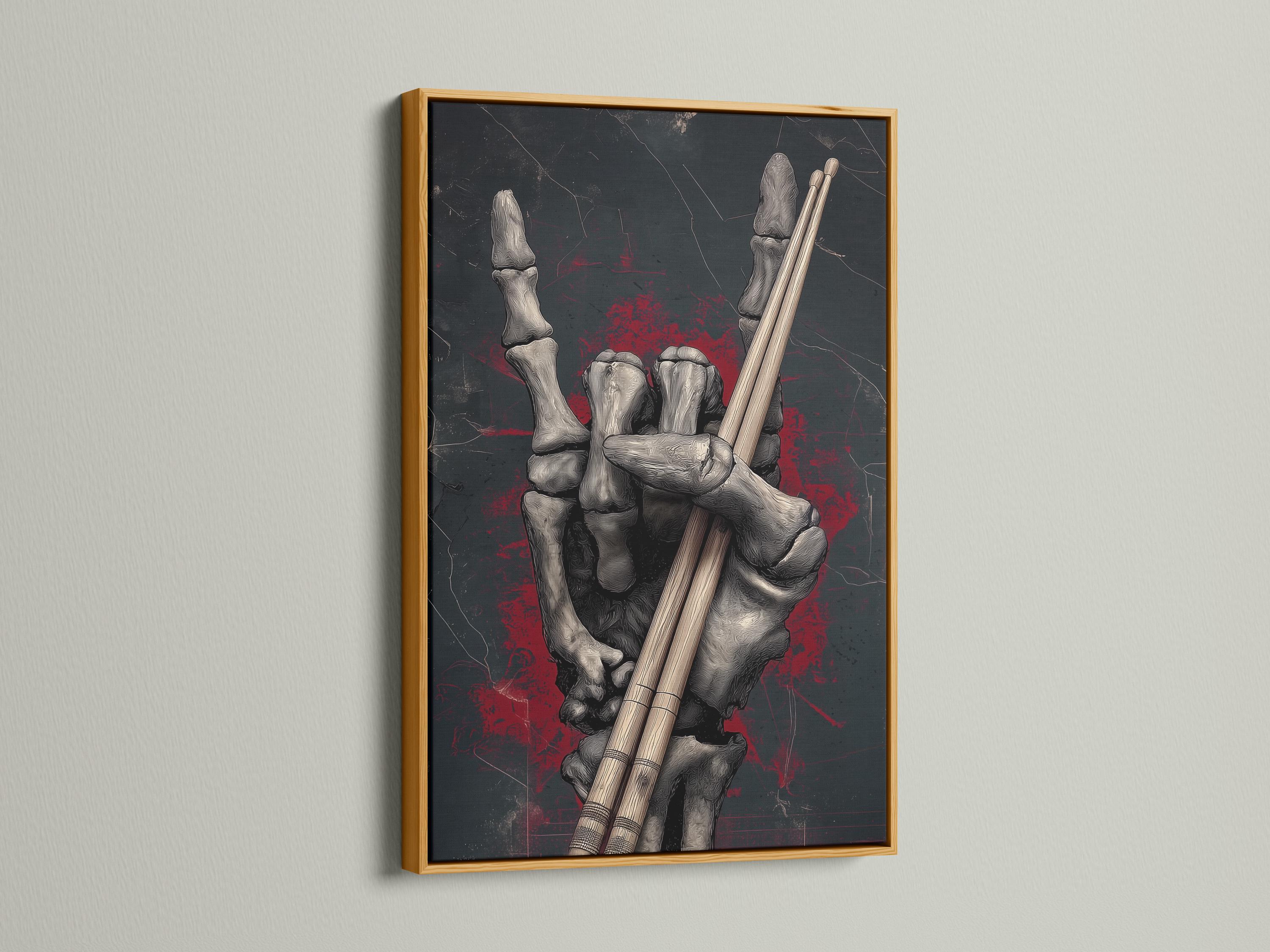 Gothic skeleton hands holding drumsticks on a dark charcoal background with red splatter detail view