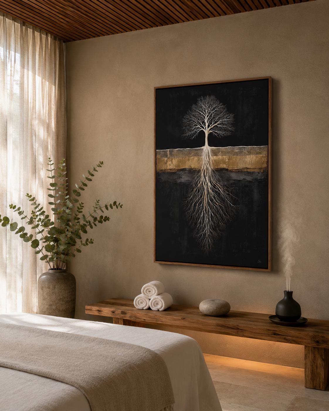 Room mockup with a person reading and a dark tree roots artwork above a bed