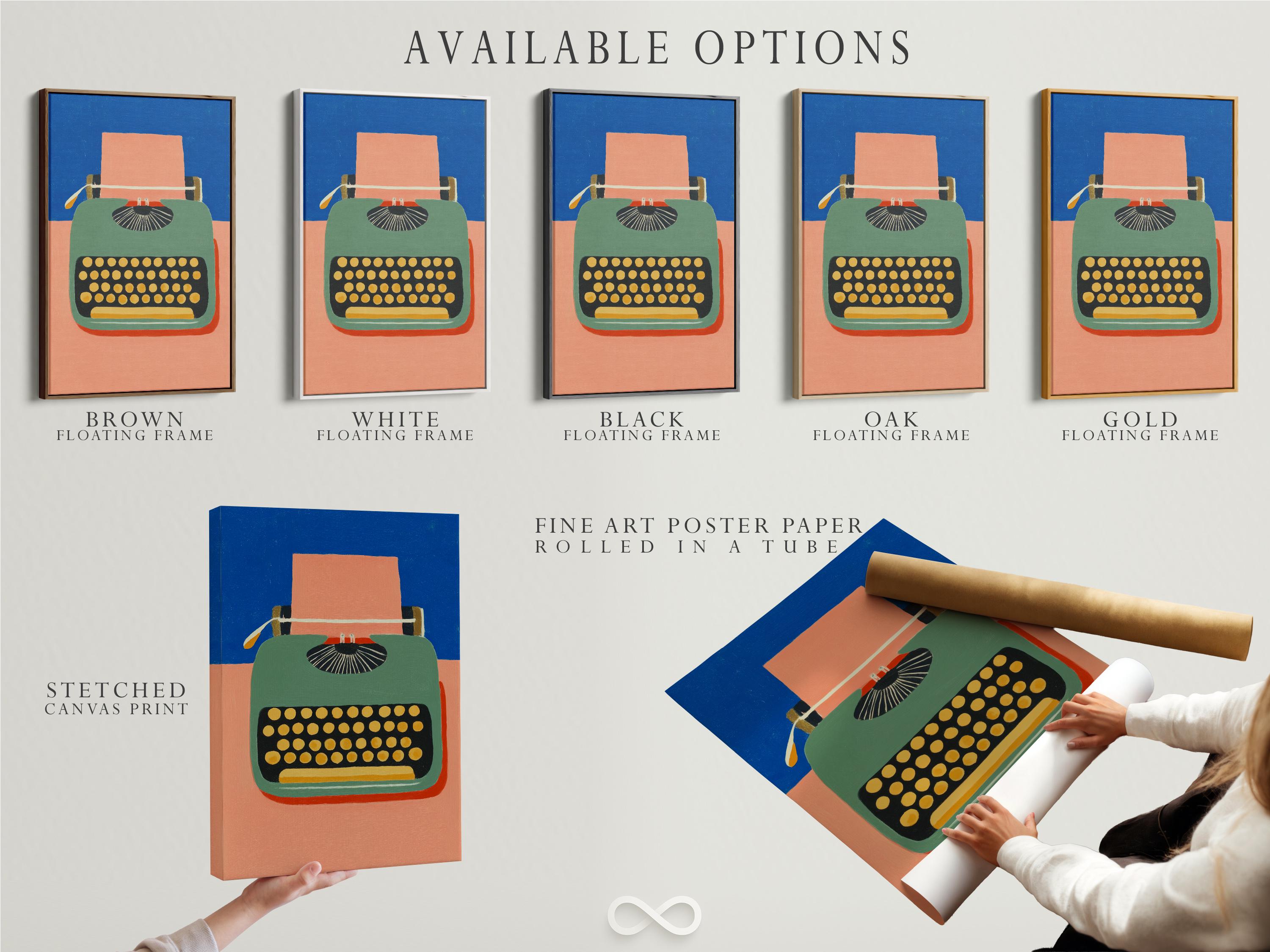 Stylised typewriter illustration with blue background, peach and green body, and gold dot keyboard detail view