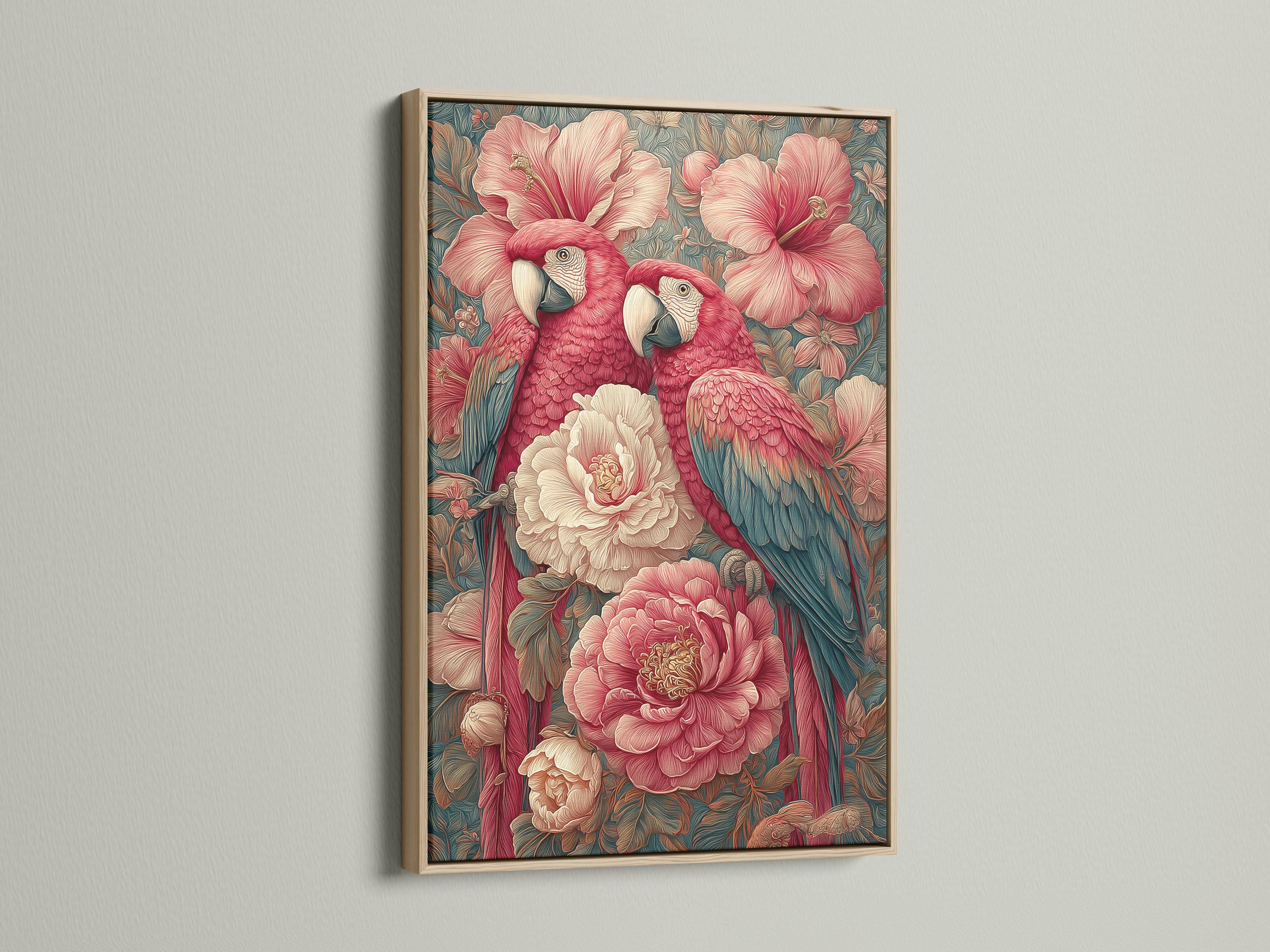 Two red parrots with pale beaks perched among pink and cream flowers and teal foliage detail view