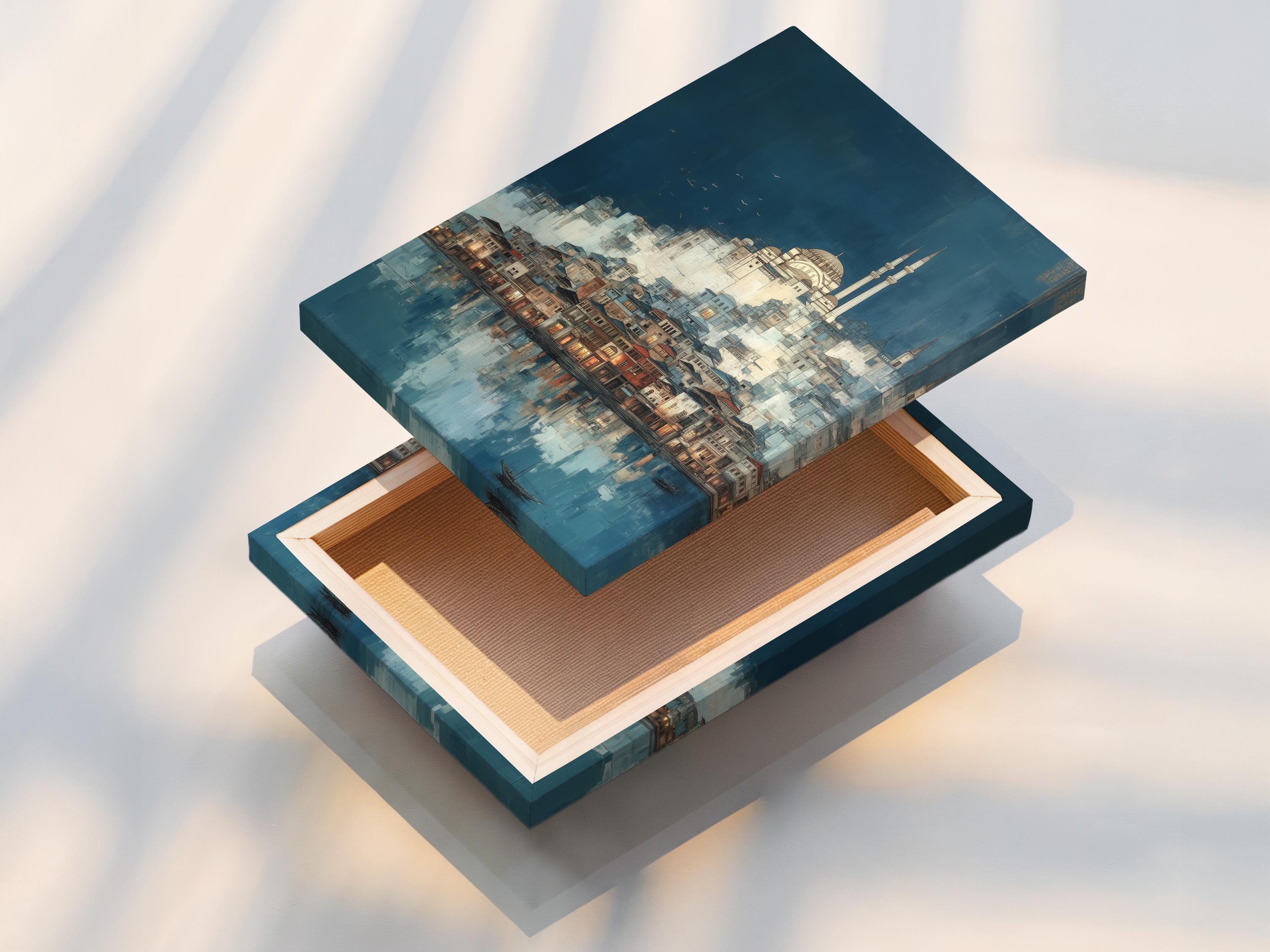 Room mockup with a framed blue cityscape mosque artwork on a wall