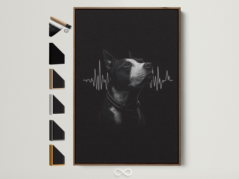 Monochrome dog portrait with a heartbeat waveform graphic on a dark background