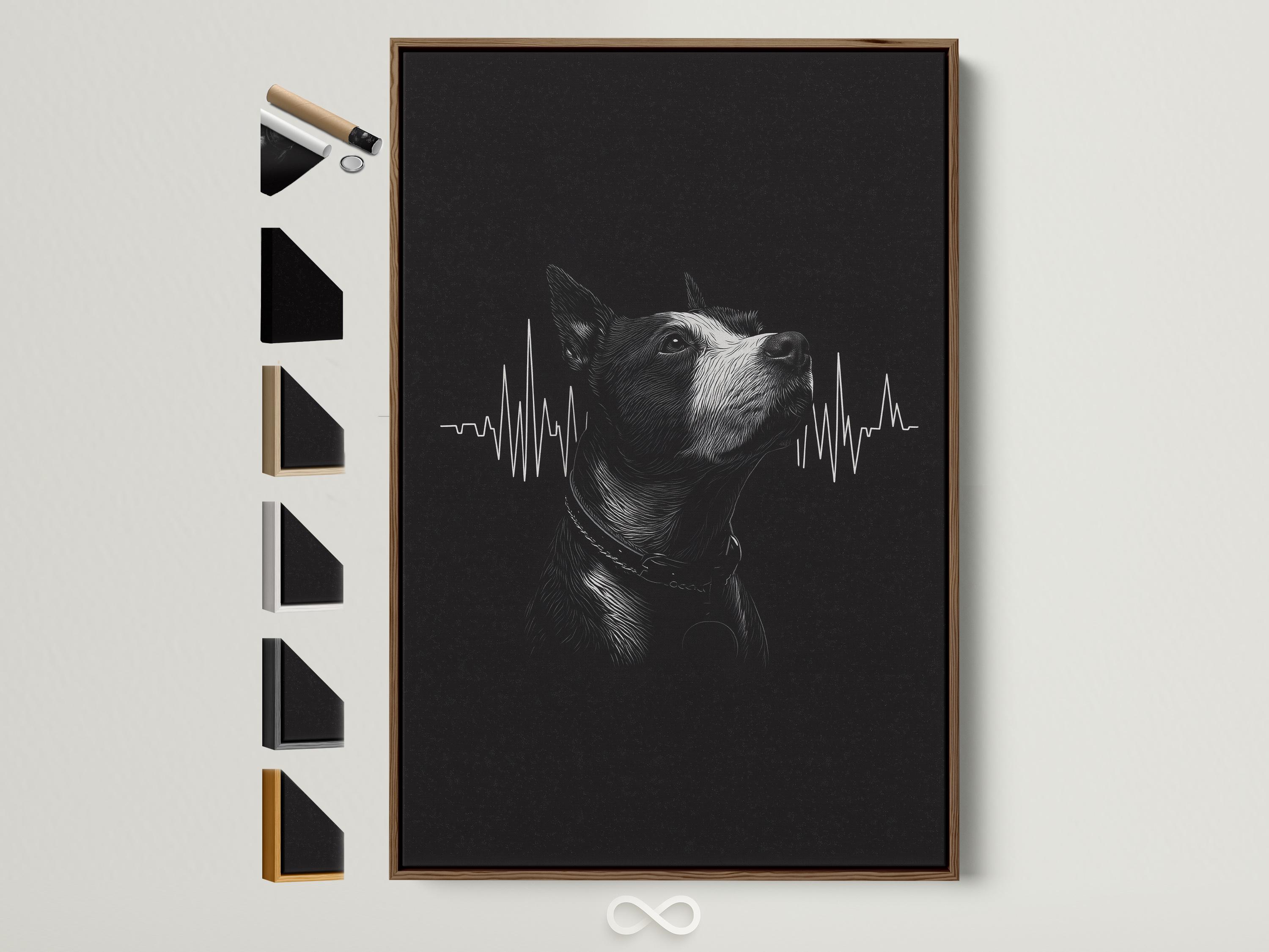 Monochrome dog portrait with a heartbeat waveform graphic on a dark background
