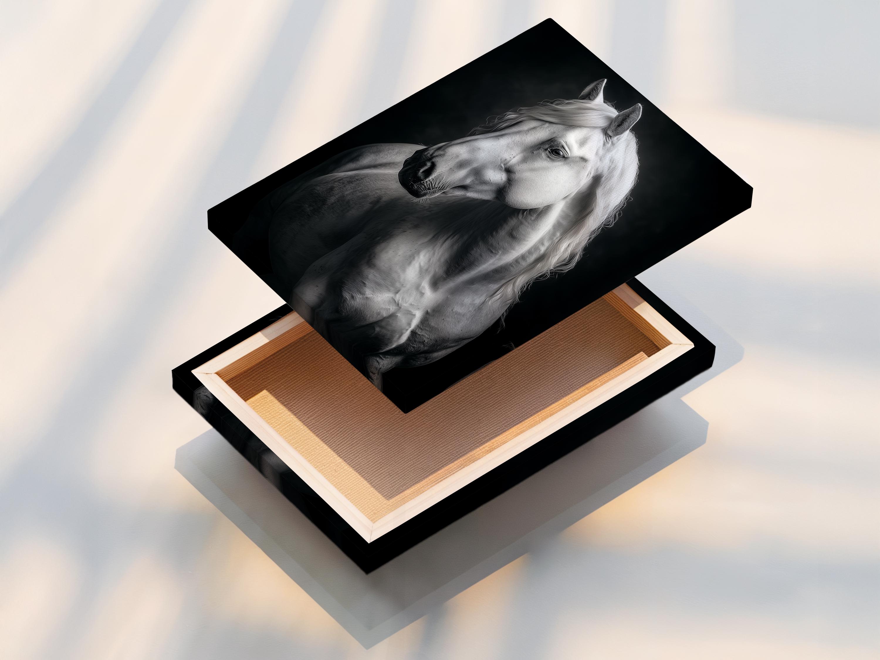 Room mockup showing a framed black and white horse portrait artwork