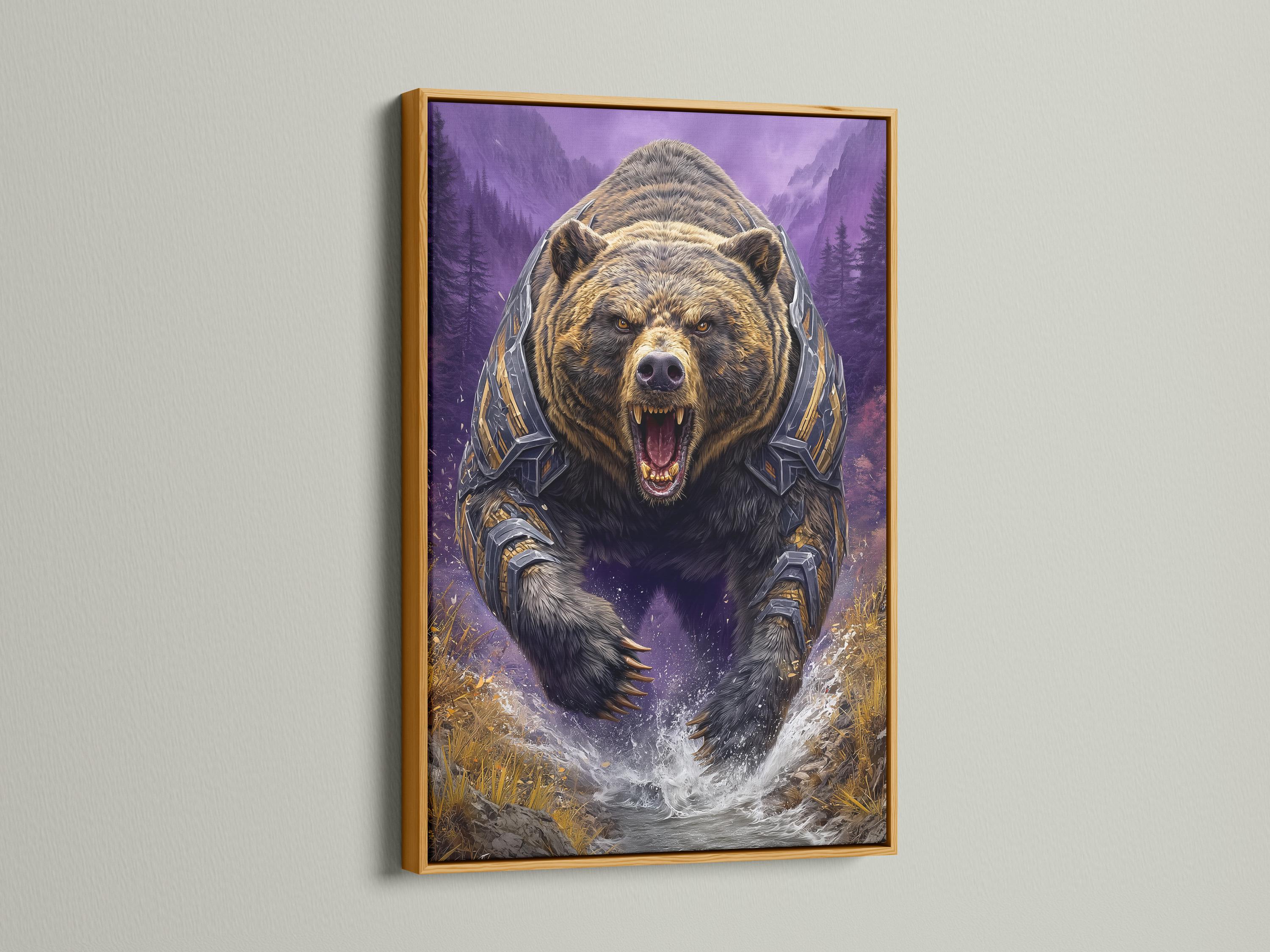 Roaring armoured bear in a purple mountain fantasy scene with gold accents and a white splash detail view
