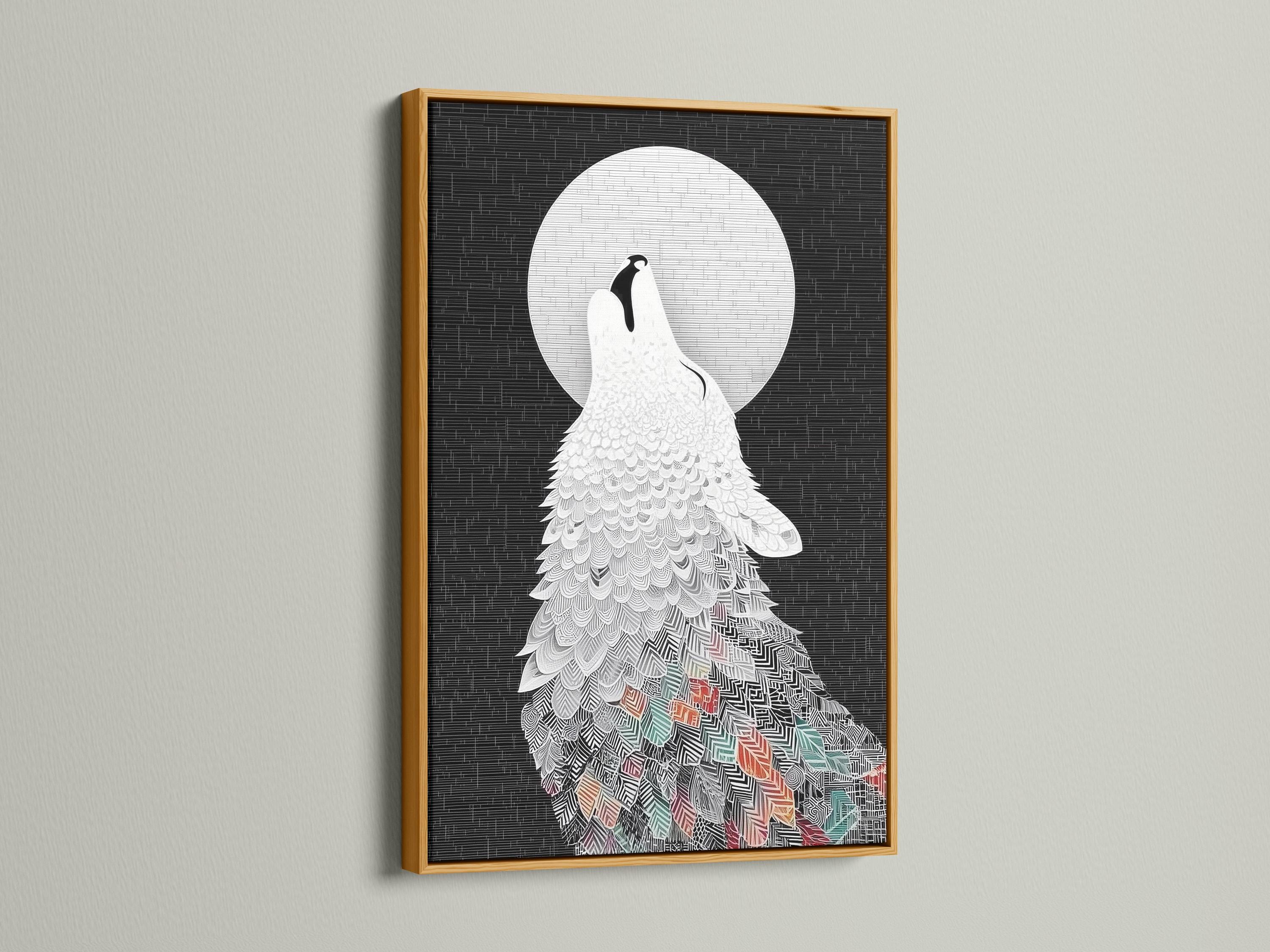 Room mockup showing framed wolf howling at moon artwork