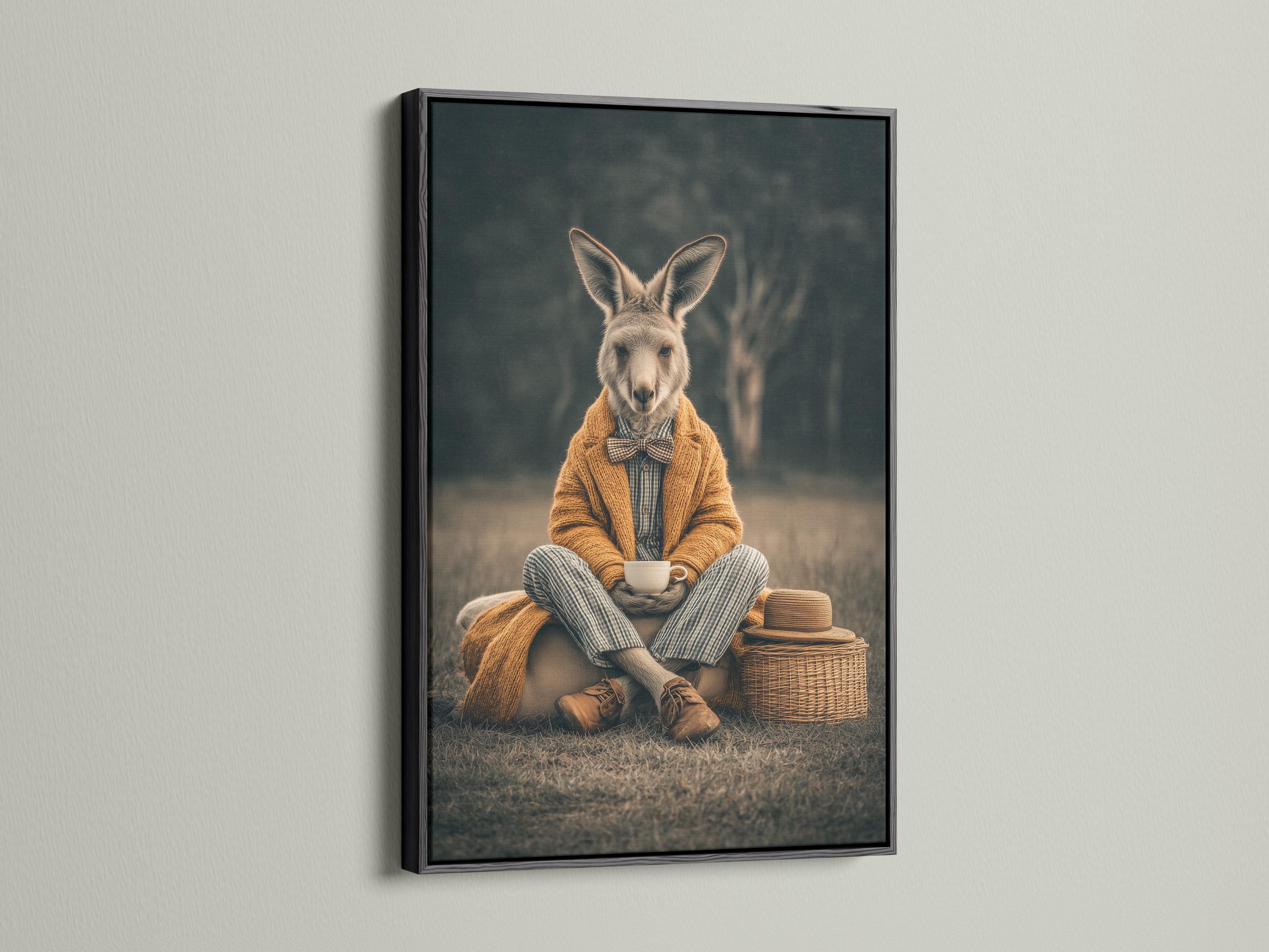 Framed kangaroo gentleman portrait artwork mockup on a light background with frame options