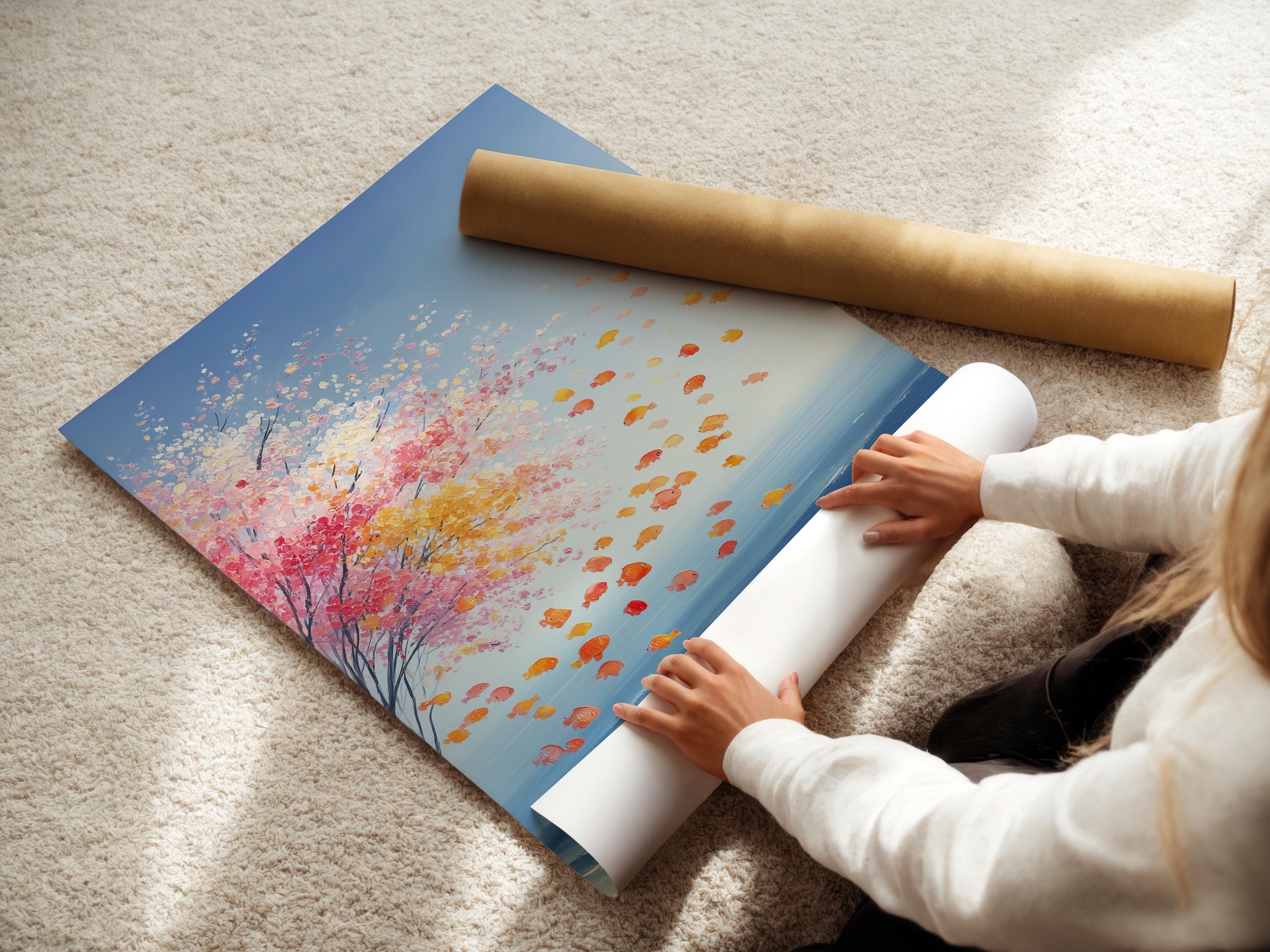 Room mockup showing a framed coastal seascape artwork with pink blossom petals and blue ocean