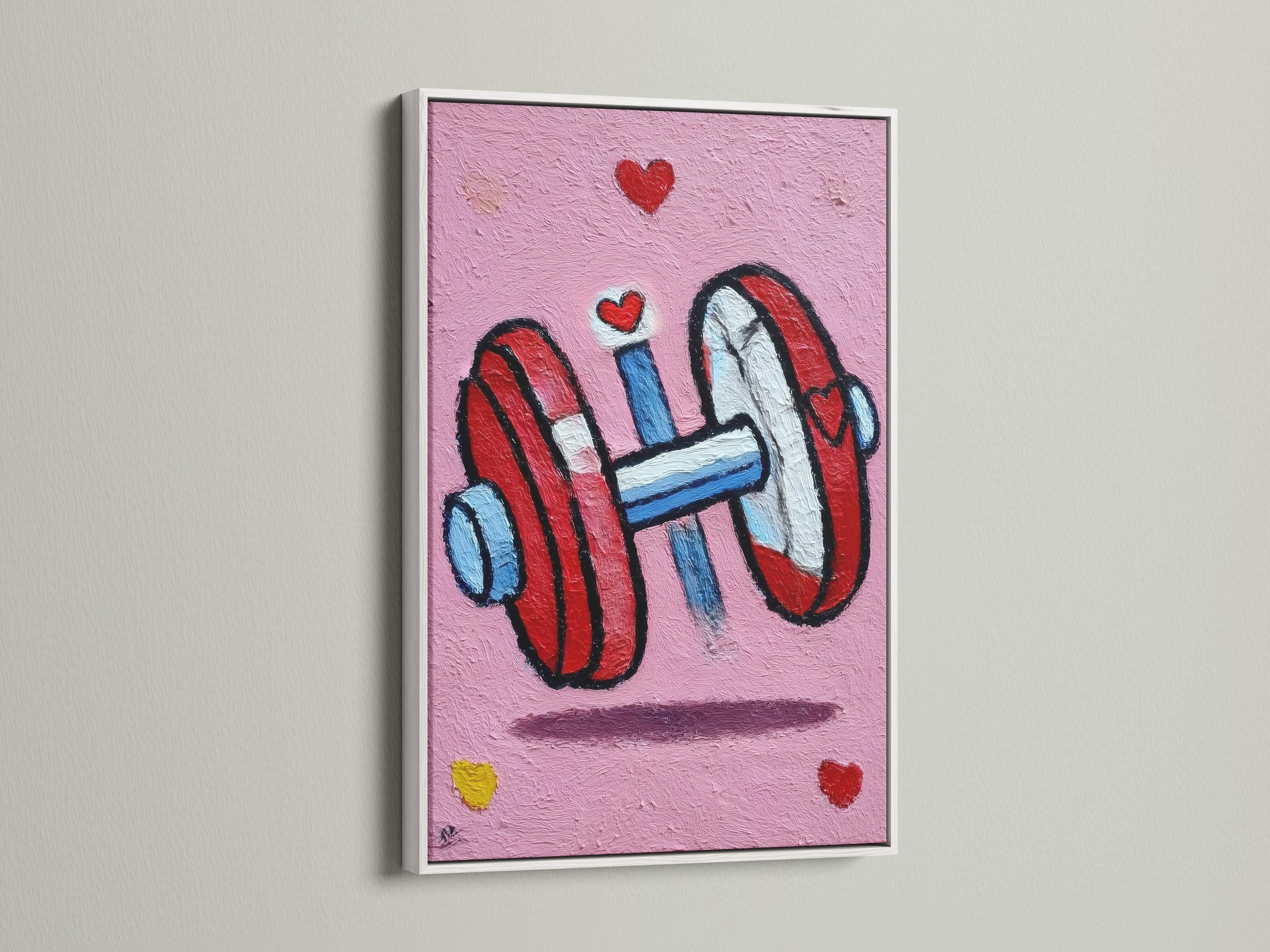 Room mockup showing a pink framed fitness artwork with a weightlifter holding a bar and red hearts