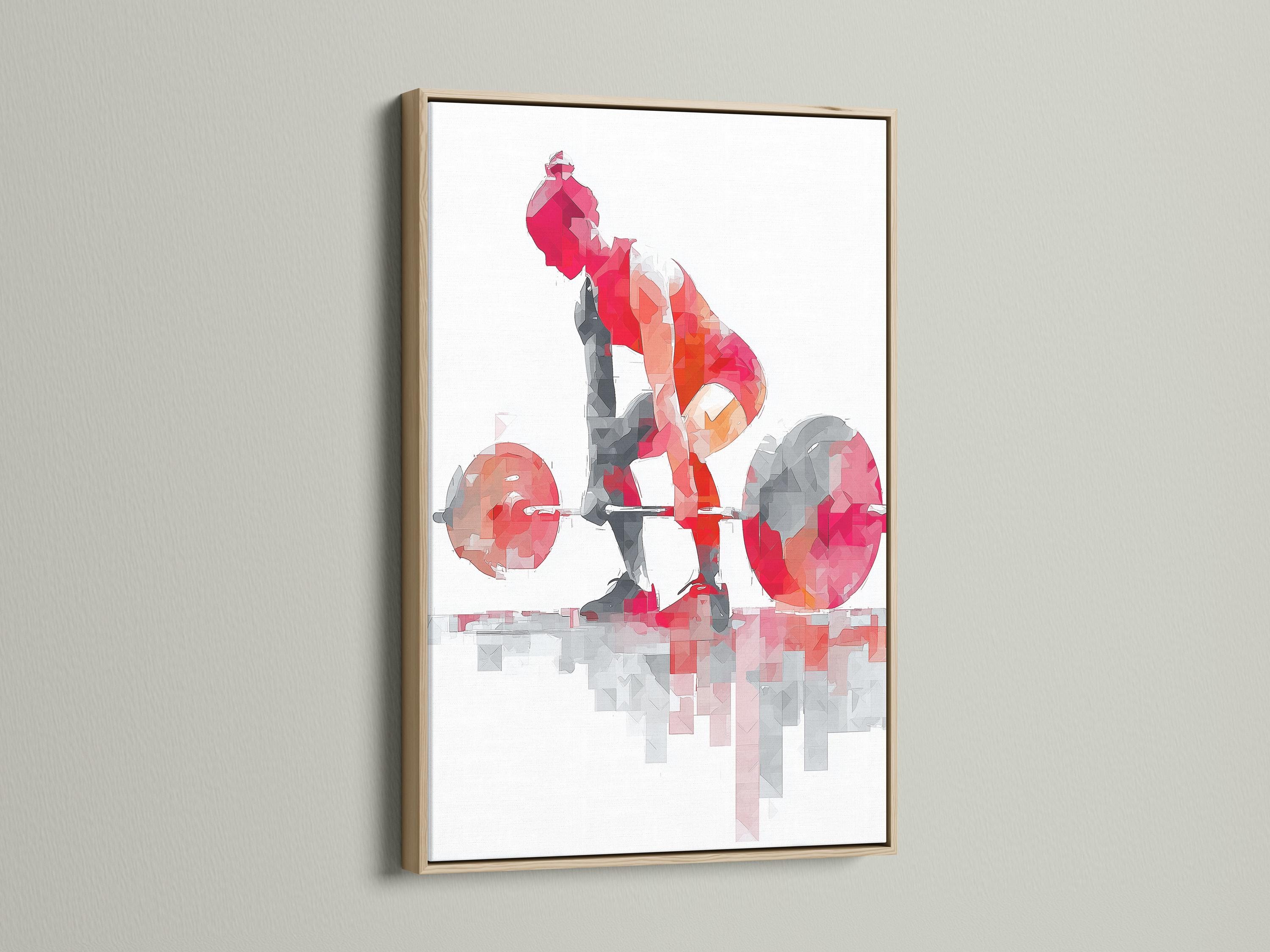 Fitness artwork mockup showing a red and grey weightlifter lifting a barbell inside a frame
