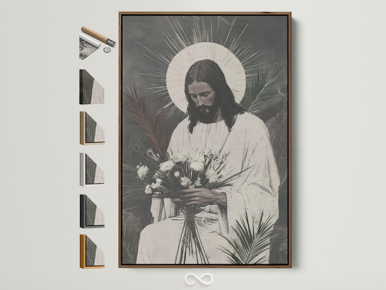 A monochrome illustration of Jesus seated and looking down, framed by a halo, with botanical leaves and dandelion-like flowers at the foreground