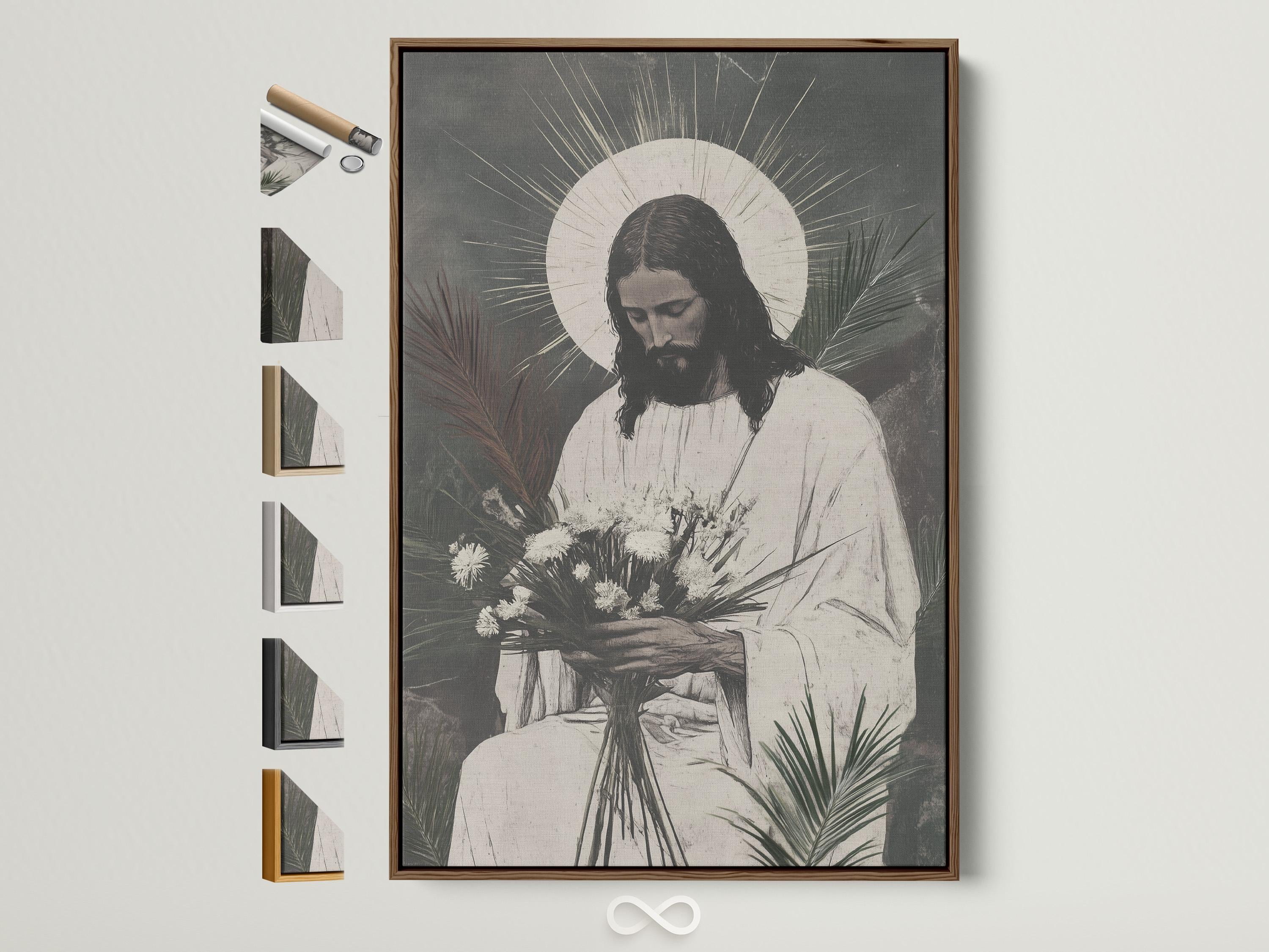 A monochrome illustration of Jesus seated and looking down, framed by a halo, with botanical leaves and dandelion-like flowers at the foreground