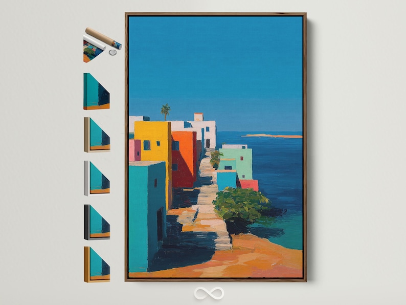 Bright coastal village scene with colourful buildings, a tree, and deep blue water under a blue sky