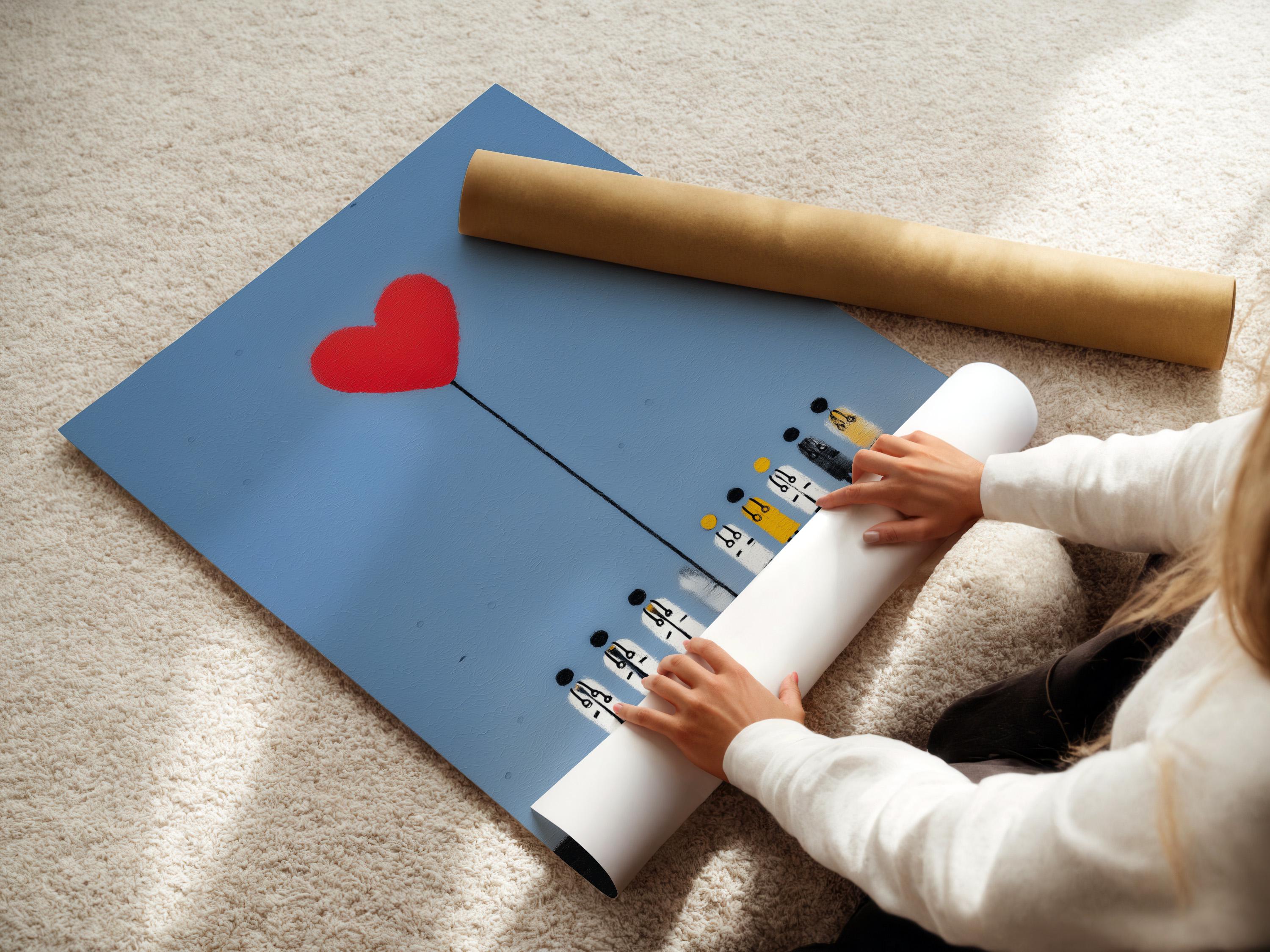Red heart balloon above stylised healthcare workers in white coats on a light-blue textured background detail view